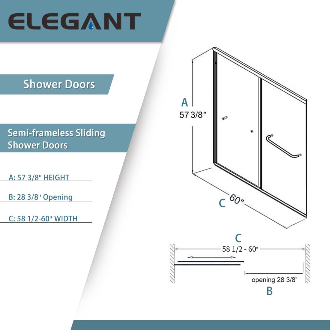 ELEGANT 60"W x 57.4"H Bypass Sliding Shower Door for Bathtub 1/4" Frosted Glass 5