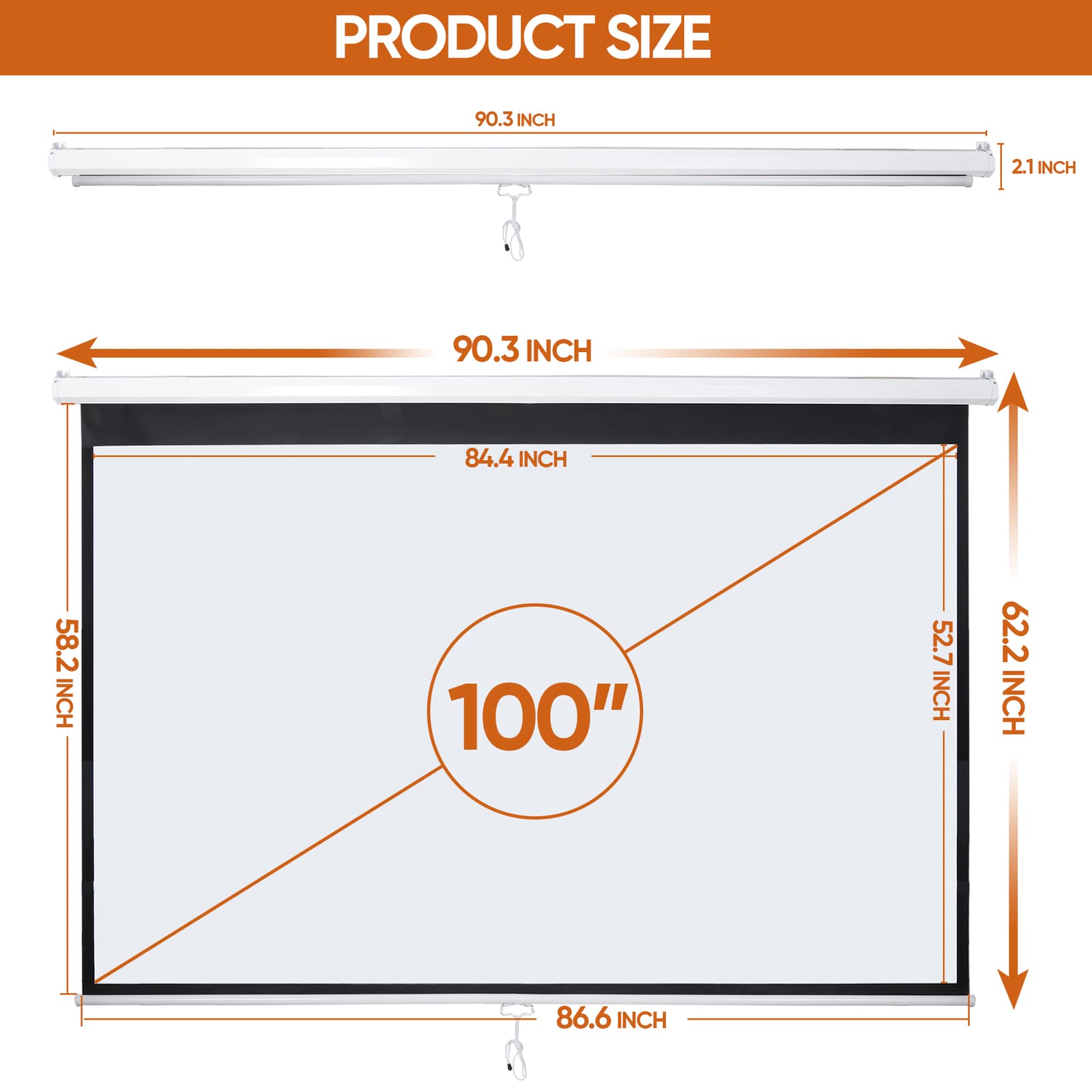 100" Projector Screen Manual Pull Down Projection Screen Theater 16:10 4K HD 3