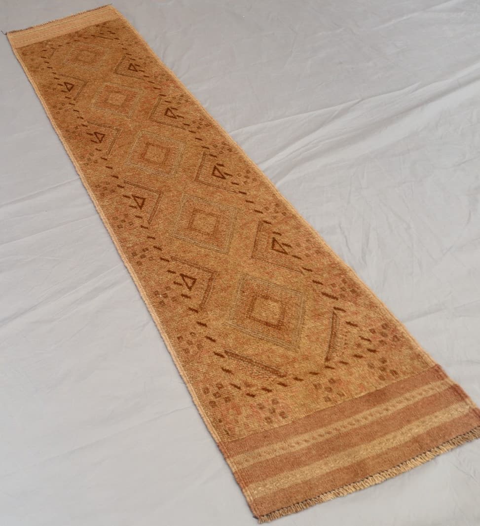 1.9 x 8.2 ft Warm Earth-Tone Afghan Wool Runner –Tribal Geometric Design Diamond 4