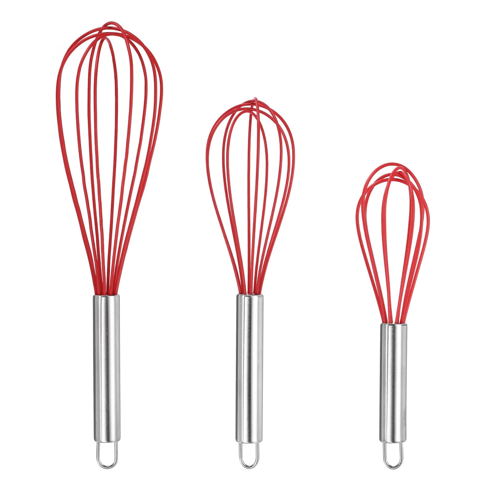 3Pcs Silicone Whisk 8" 10" 12" Kitchen Whisk Wire Whisks Beater Red