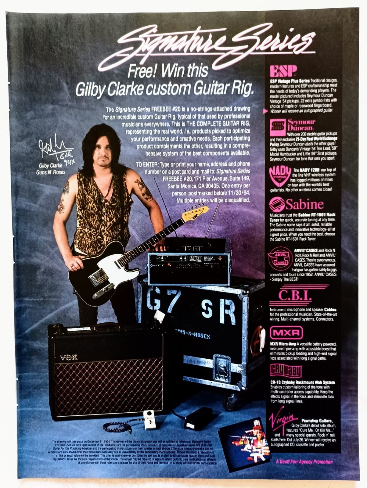 GUNS N ROSES~GILBY CLARKE~ESP PLUS & PAWNSHOP GUITARS ALBUM~1994 PRINT AD POSTER