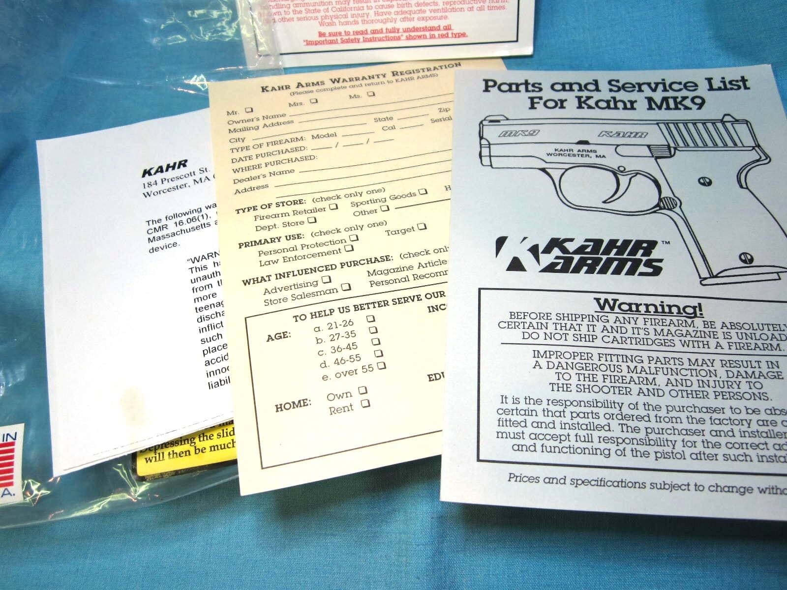 KAHR MK9 Original Owners Instruction Safety Manual & Papers - dated 1997 3