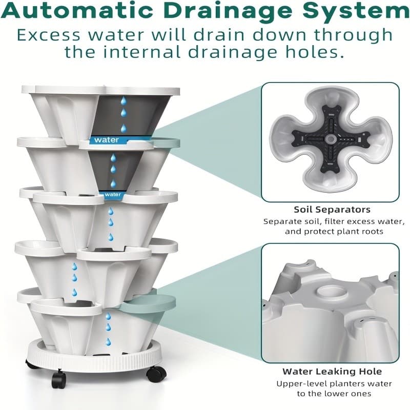 Vertical Planter 5 Tier Stackable Planters with Wheels & Tools Garden Tower Pot 3
