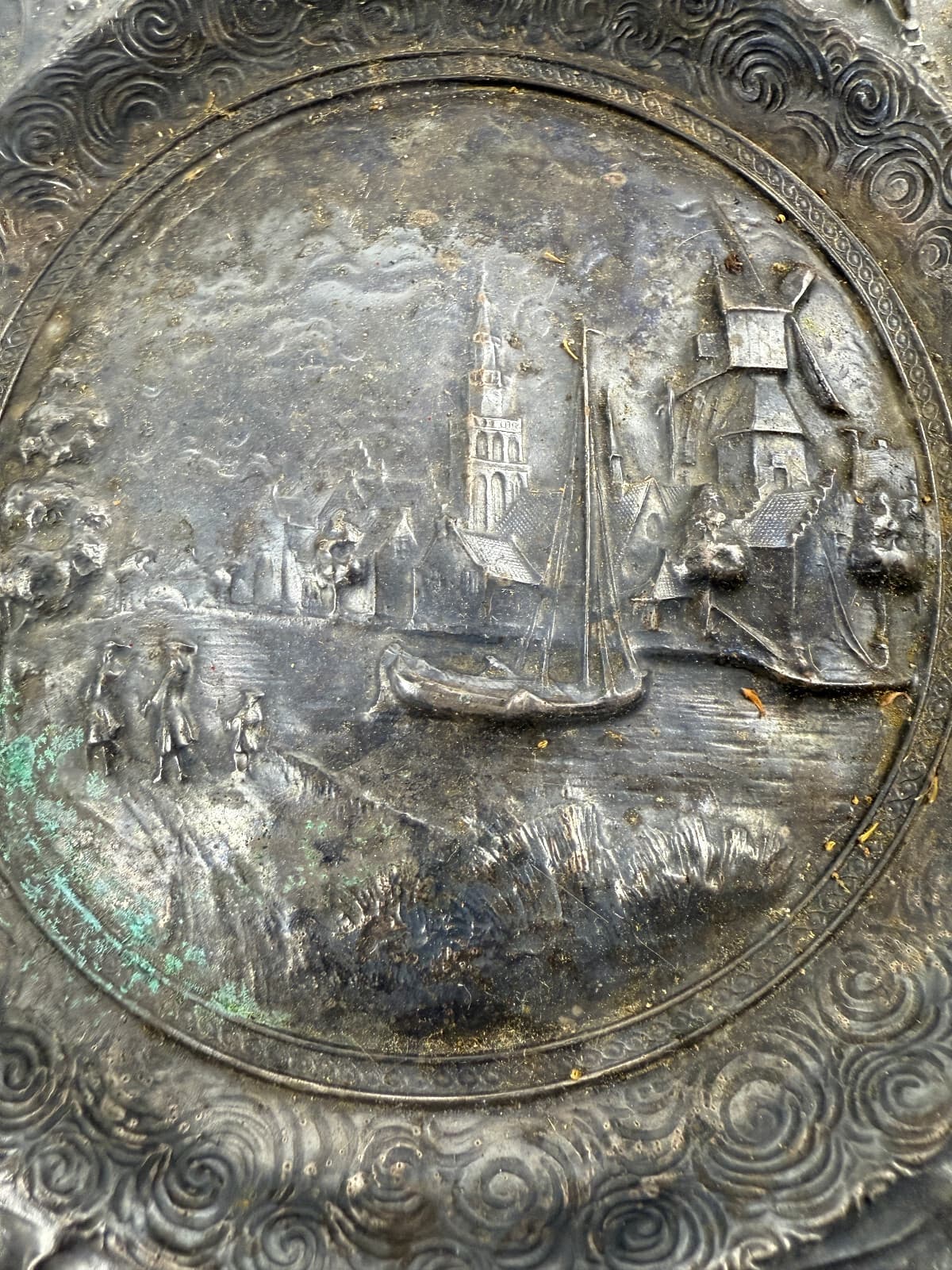 Antique Dutch Repoussé Silver Plate Basket with Handle – Scenic Relief – 11" 5