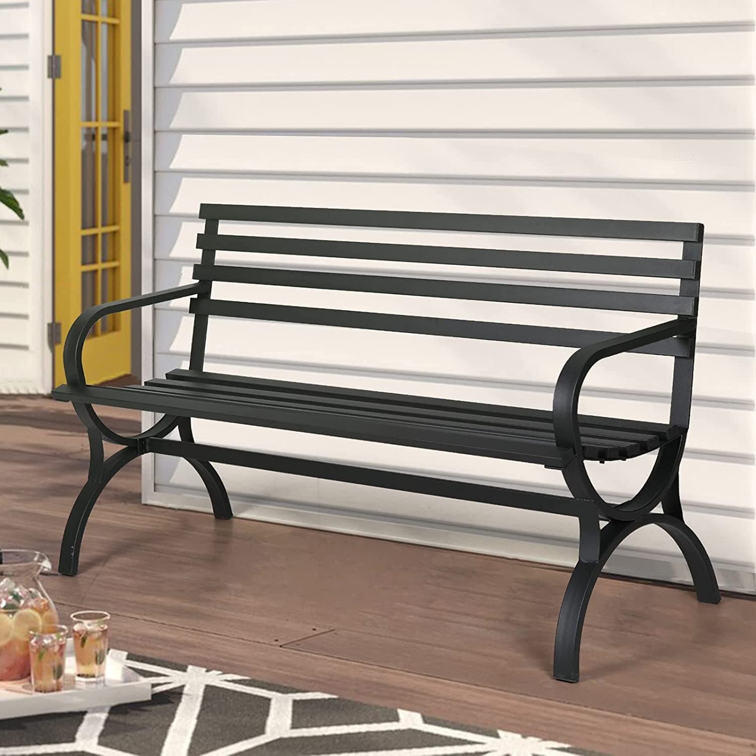 Outdoor Bench Metal Patio Chair Porch Garden Park Path Deck Seating Black