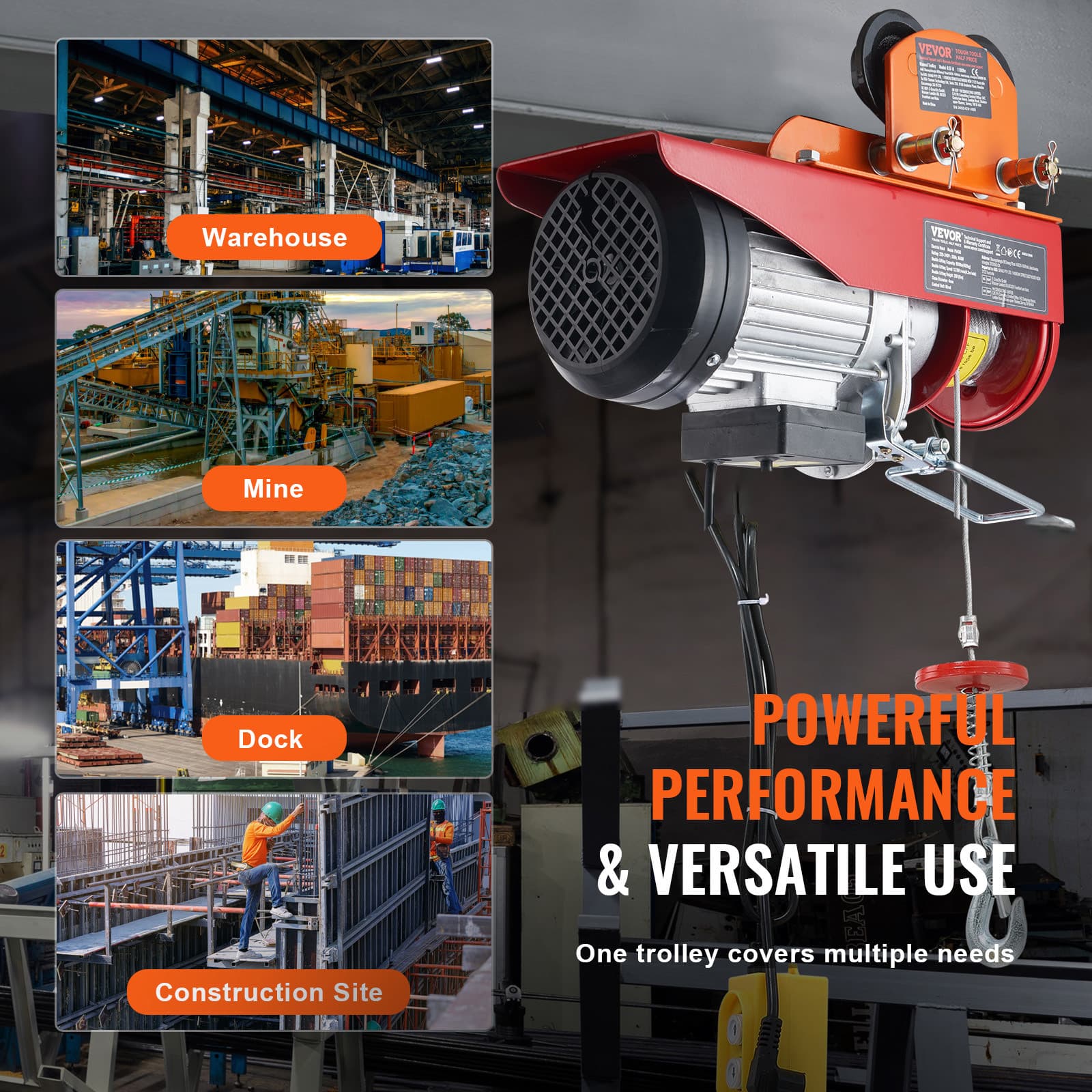 Electric Hoist Manual Trolley 1100 lbs/0.5T 2.36"-4.72" I-Beam Adjustable 6