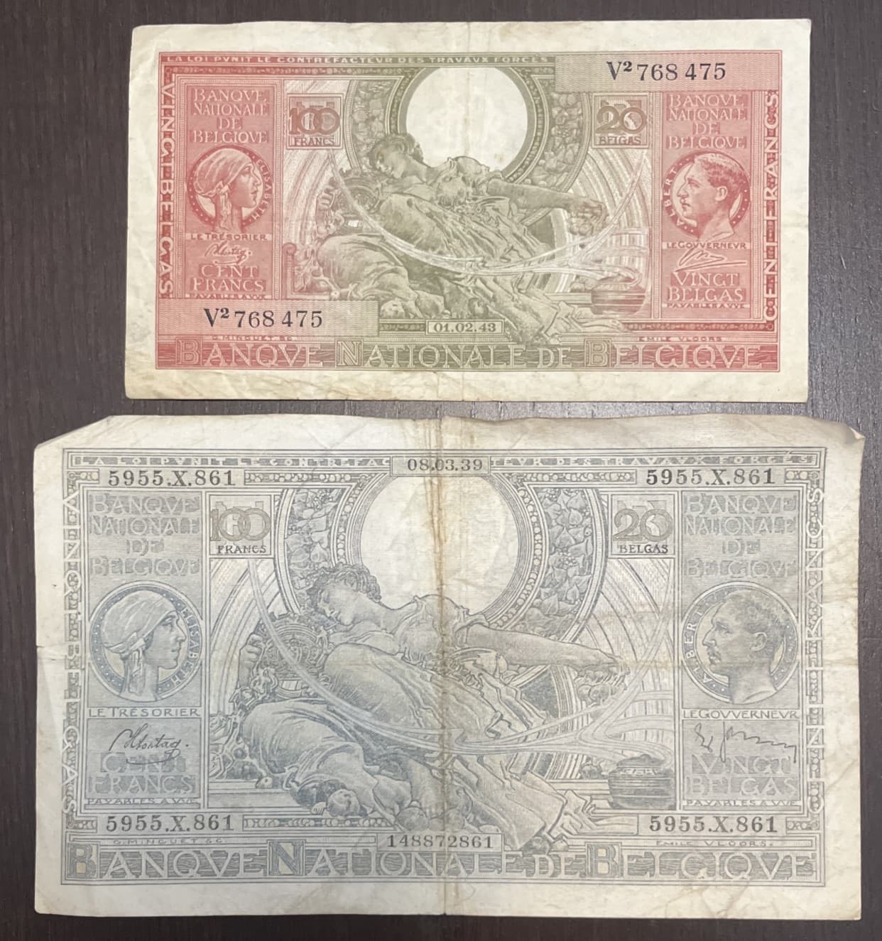 BELGIUM 1939 1943 100 Francs/20 Belgas 2 Banknotes
