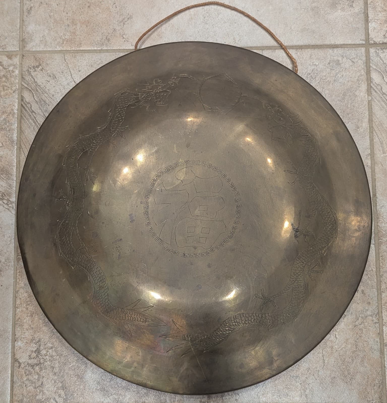 Large Brass Gong Engraved Two Dragons “Good Fortune” Hong Kong Vintage