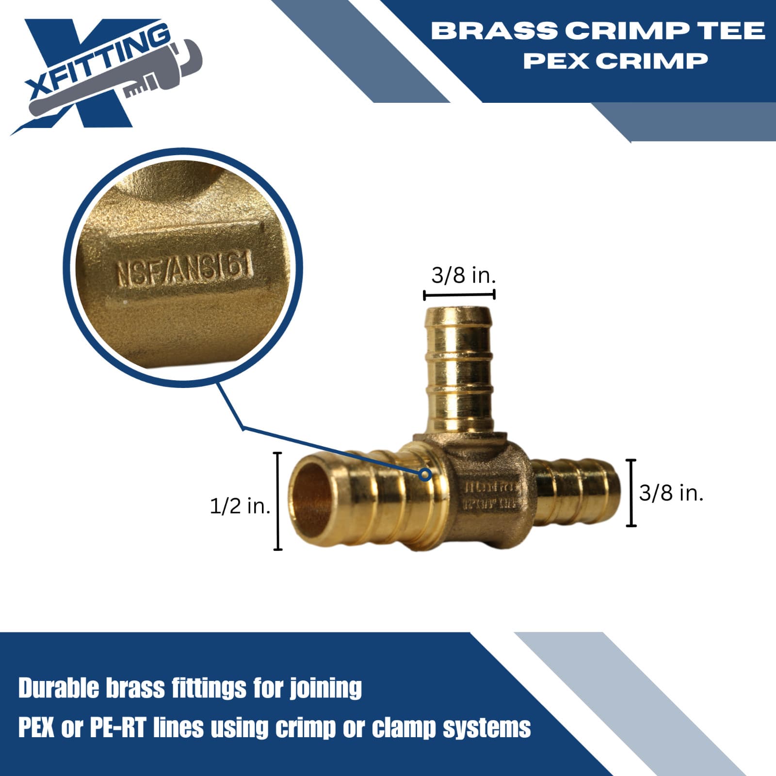 1 Pc XFITTING 1/2" x 3/8" x 3/8" Pex Tee, Lead Free Brass, Crimp Fitting 5