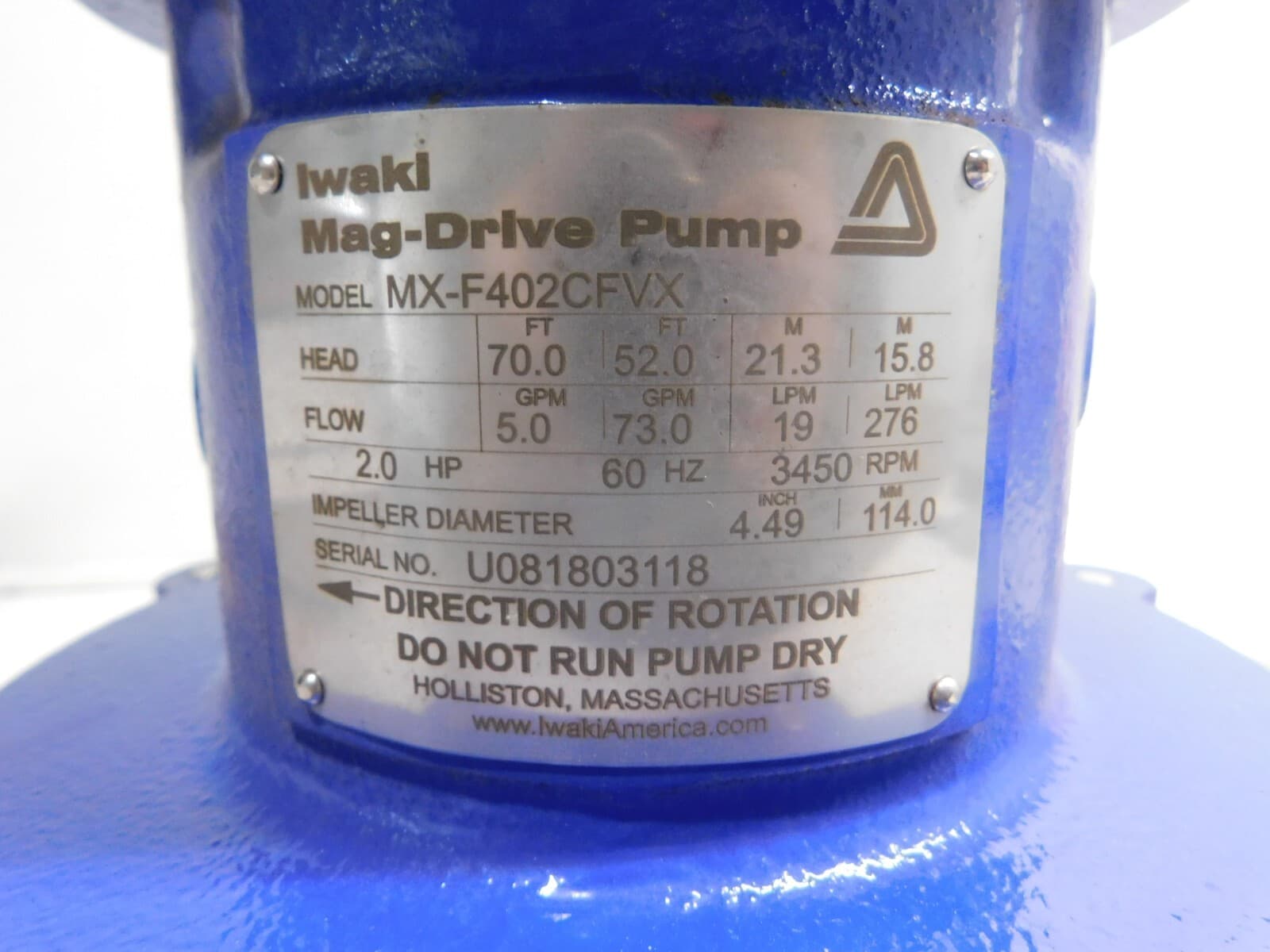 NEW Iwaki Magnetic Drive Pump MX-F402CFVX, 73 GPM, 52 Ft Hd, 2 HP, 3450 RPM, Mag 4