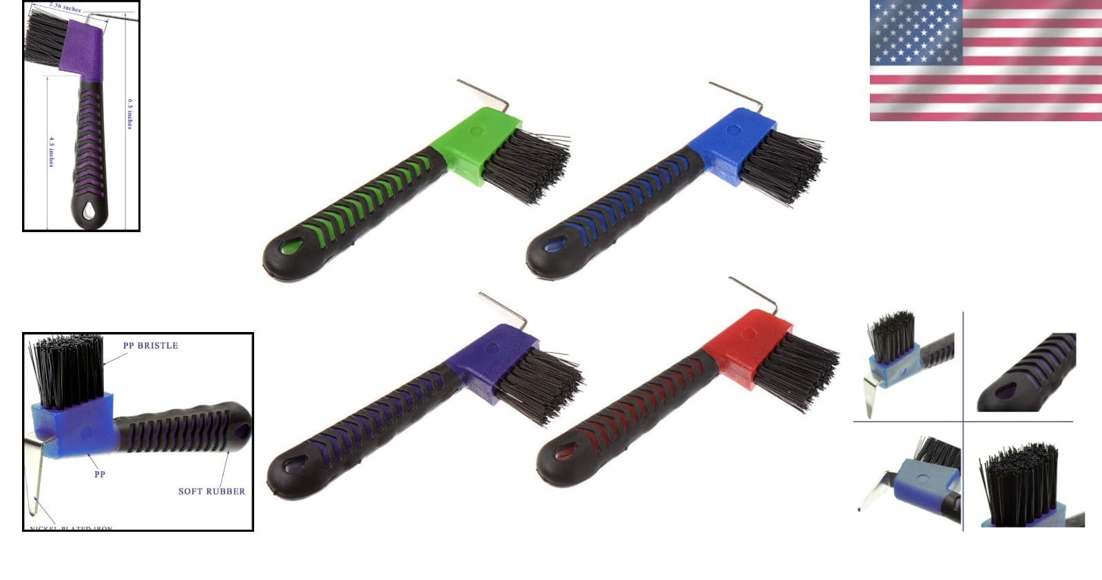 Durable 4pc Hoof Pick Brush Set with Rubber Grip - Remove Mud Effortlessly 2