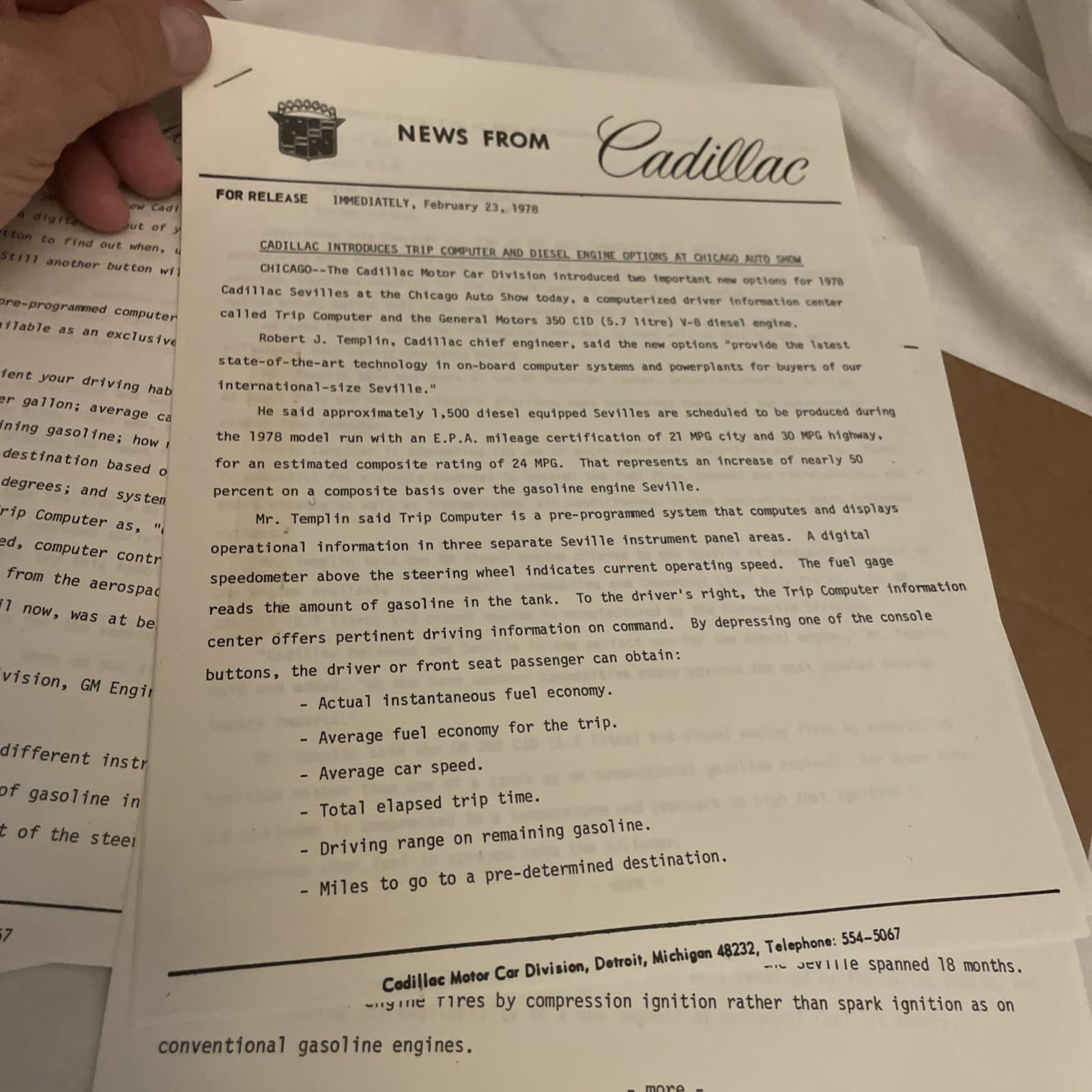 NOS 1978 Cadillac Chicago Auto Show Press Release New Diesel V-8 Engine Seville 5