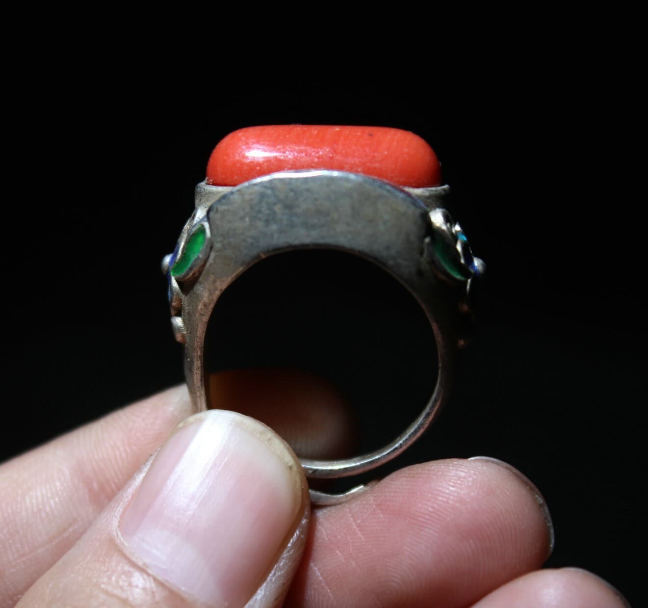Rare Old Chinese Cloisonne Silver Inlay Red Gem Flower Jewelry Figure Ring 4