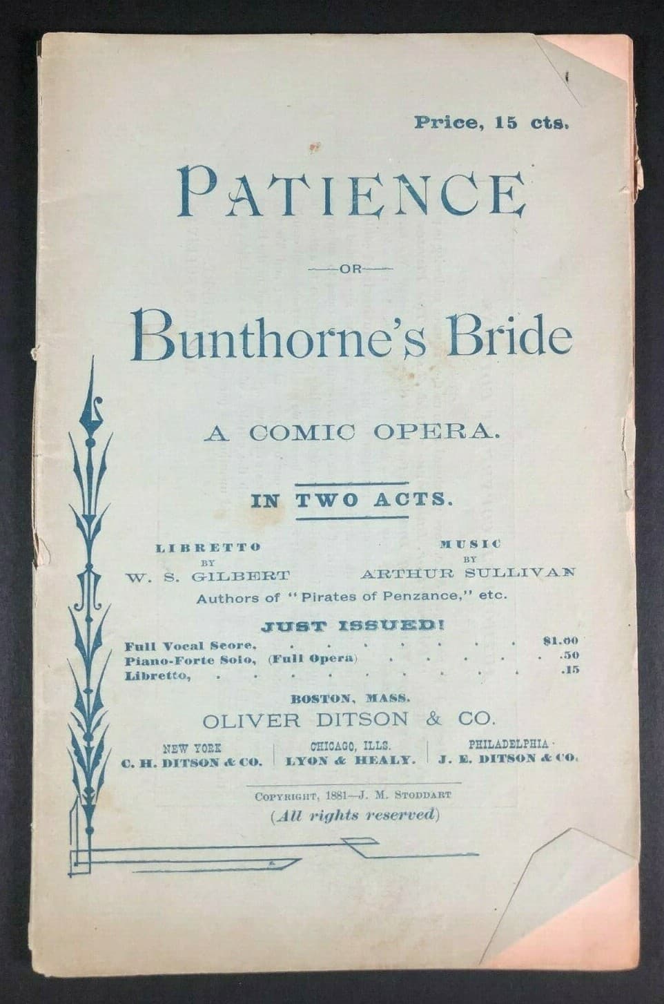 Scarce c1910's - 1920's  Patience Libretto - Gilbert And Sullivan - 41pgs. VGC