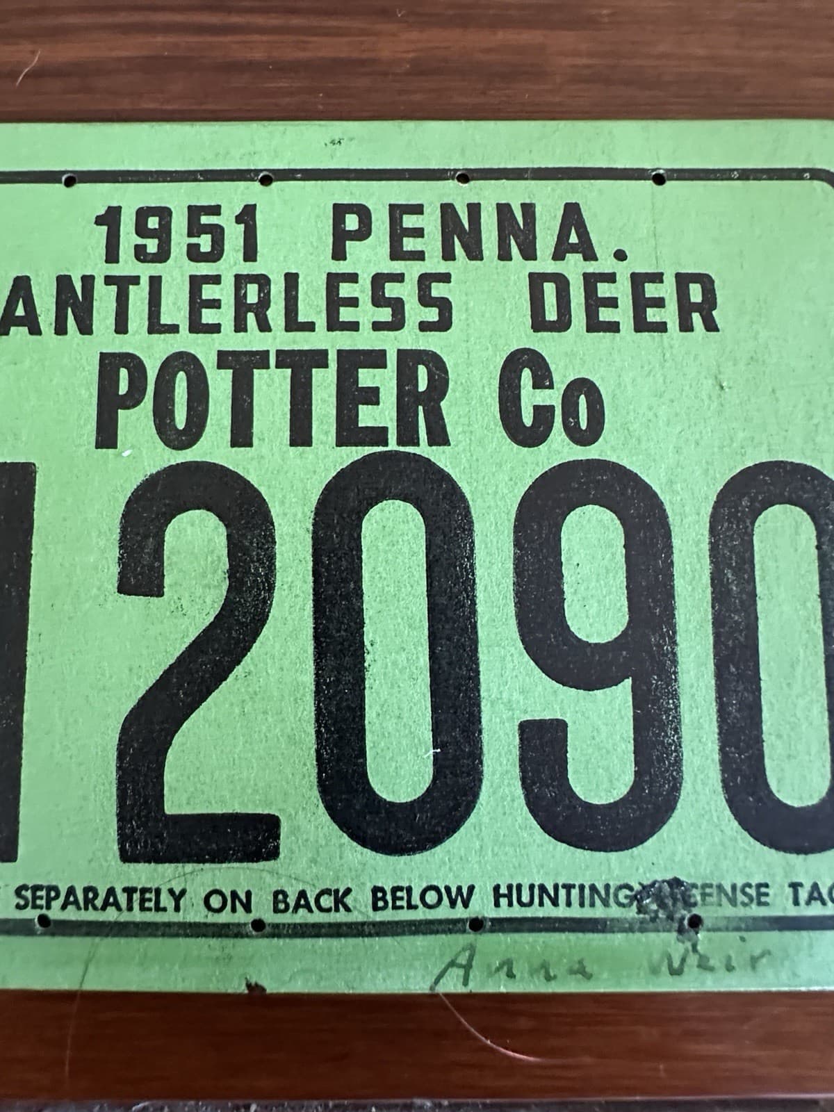 1951 Penna Pennsylvania Antlerless Deer Hunting License Tag Potter Co 12090 VTG 3