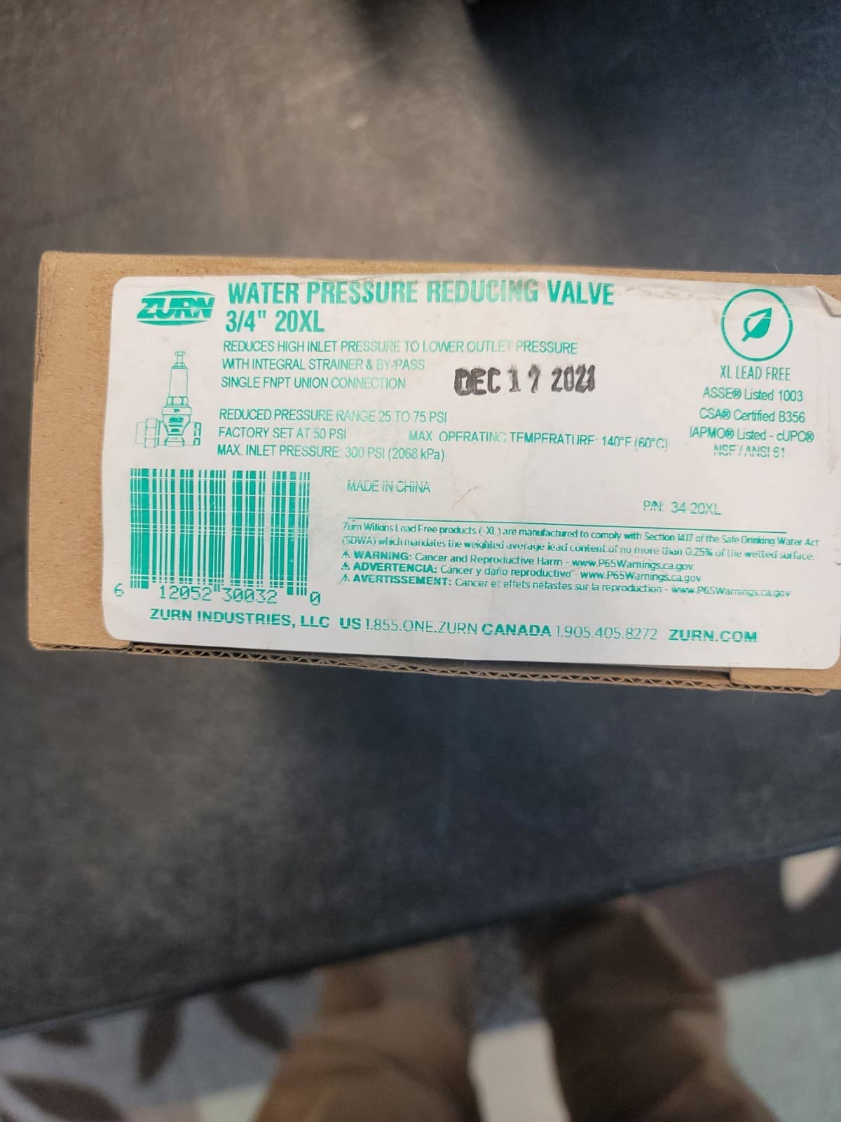 ZURN WILKINS 34-20XL WATER PRESSURE REDUCING VALVE (NEW)