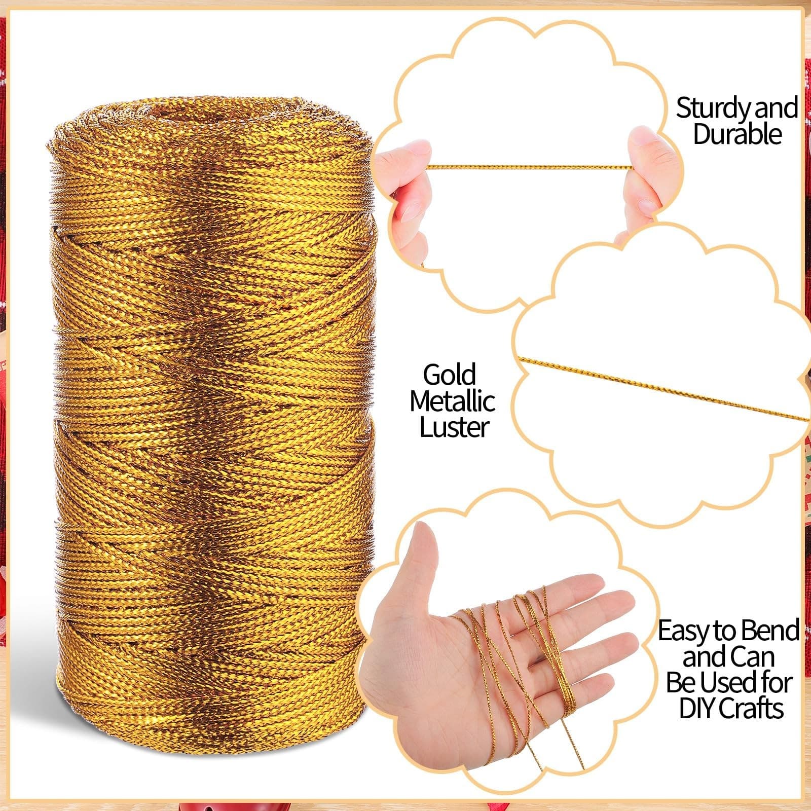 656 Feet/218 Yards Metallic Cord Gold Twine, 1.5 mm Gold Thread String for Br... 2
