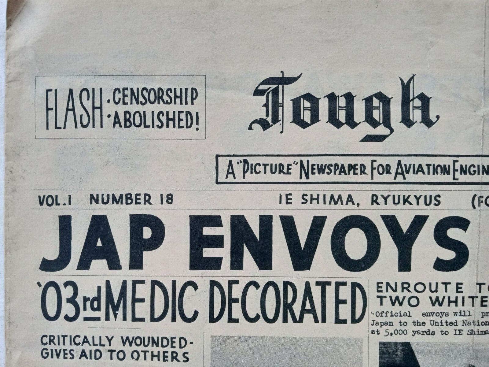 WW2 TOUGH SHEET IE SHIMA NEWSPAPER Sept. 1945 1903rd ENGINEER AVIATION BATTALION 5