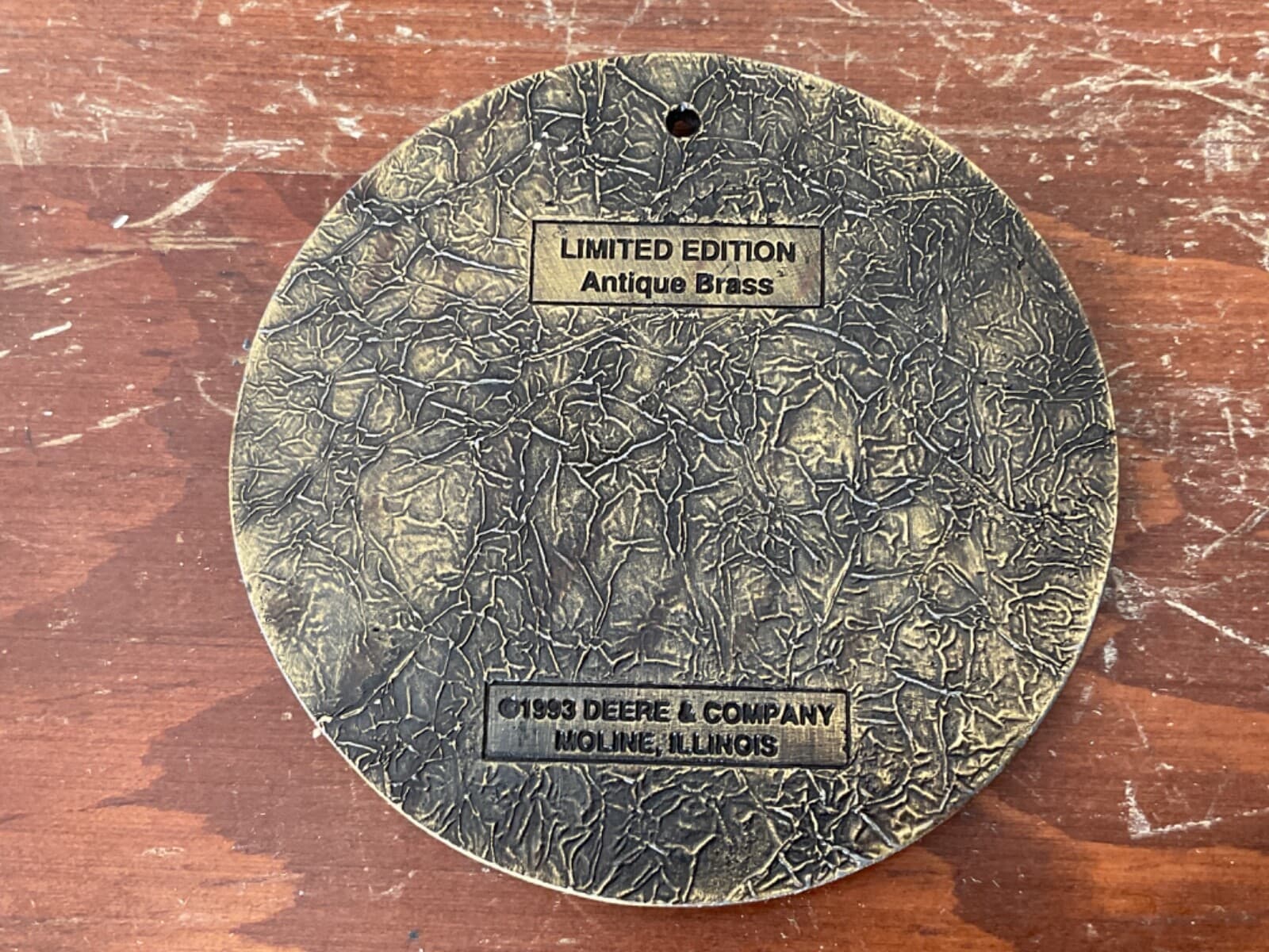 John Deere 1990 Antique Brass Christmas Ornament 2 1/2” Round 3