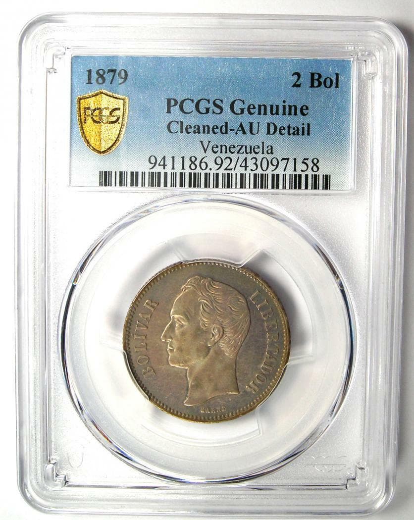1879 Venezuela Republic 2 Bolivares Coin 2B - Certified PCGS AU Details - Rare! 2