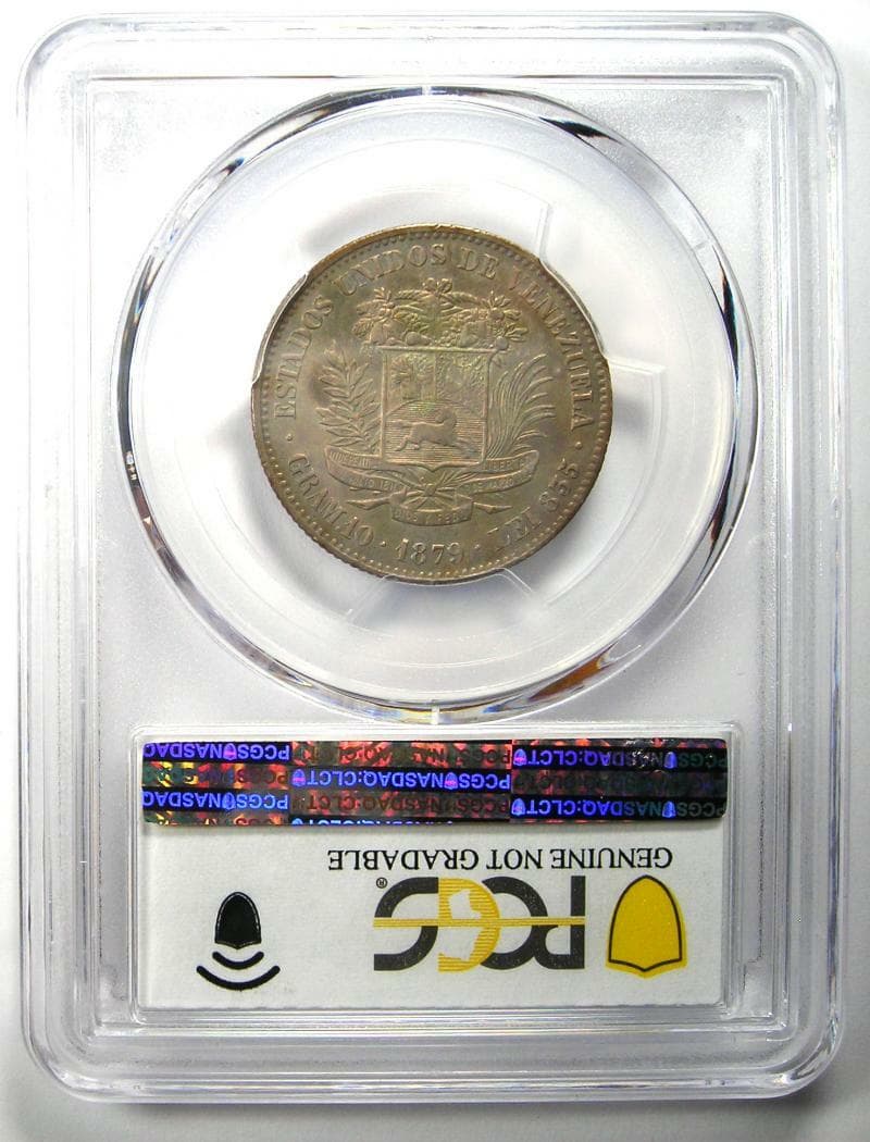 1879 Venezuela Republic 2 Bolivares Coin 2B - Certified PCGS AU Details - Rare! 3