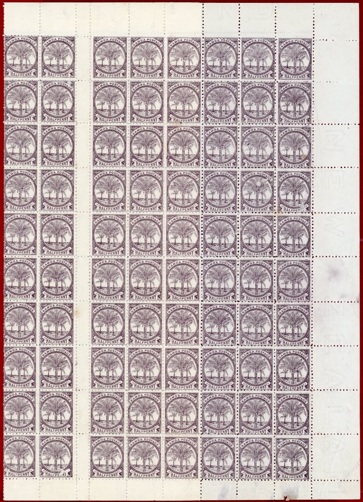 Samoa #9d, ½p Purple Brown, Sheet of 60+60, Mint, No Gum, SCV $690.00
