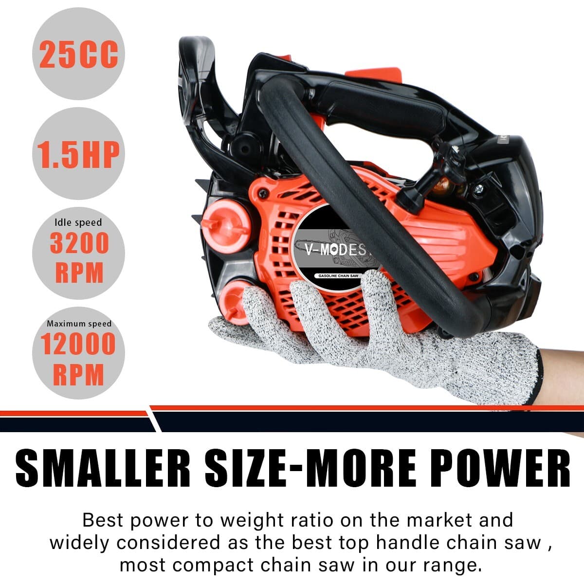 V-MODEST 2511 12" Gas Chainsaw 25cc 1.5HP 2-Cycle Engine Top Handle Climbing Saw 3