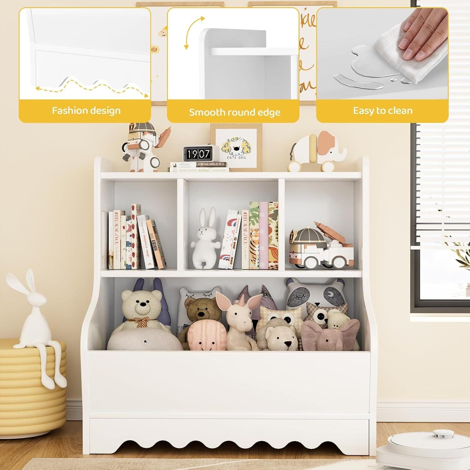 Kids Bookshelf, Toddler Toy Storage Organizer Wooden 4 Cubby Children Book Shelf 4