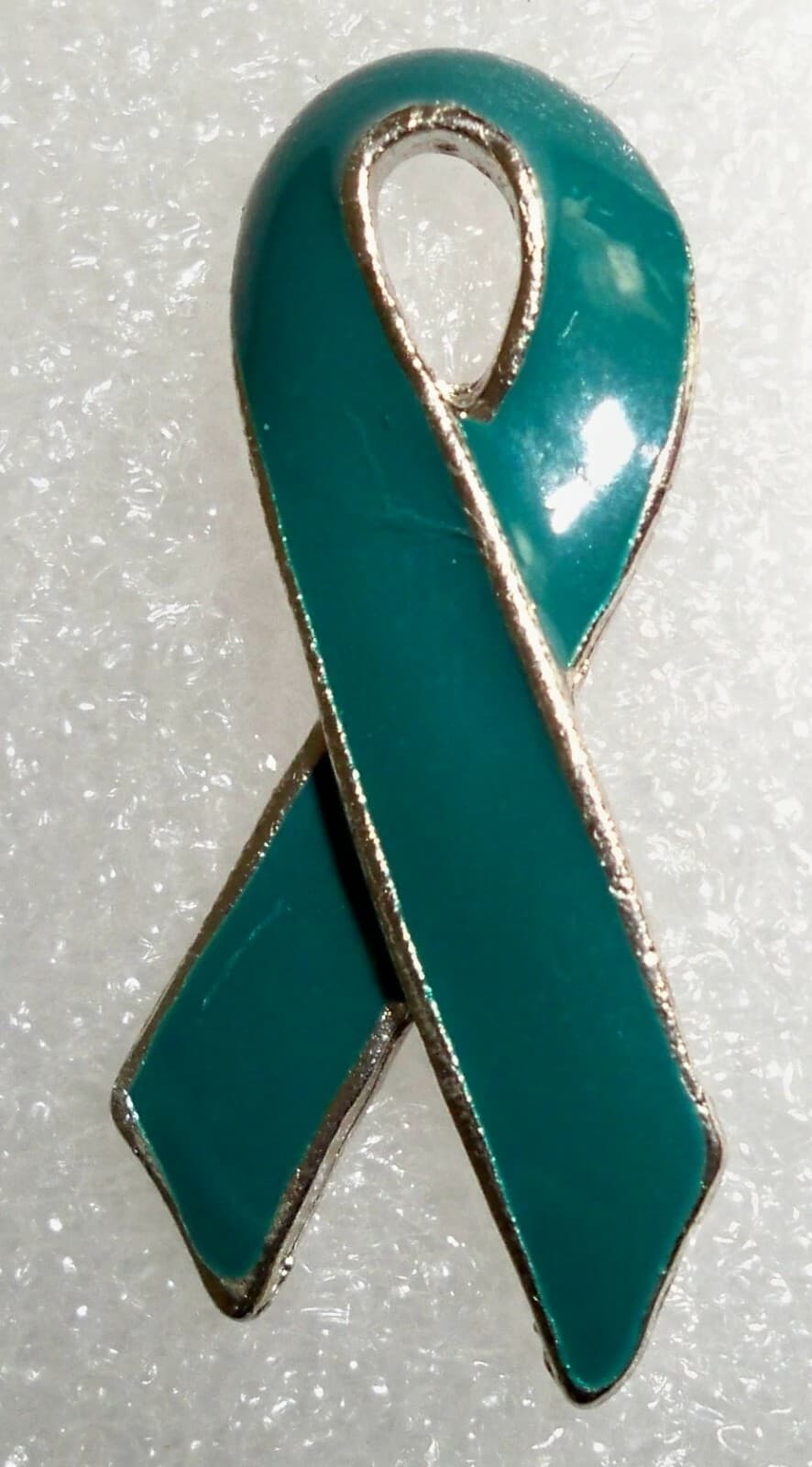 Ovarian Cancer Awareness teal ribbon lapel pin, silvertone plated, made in USA