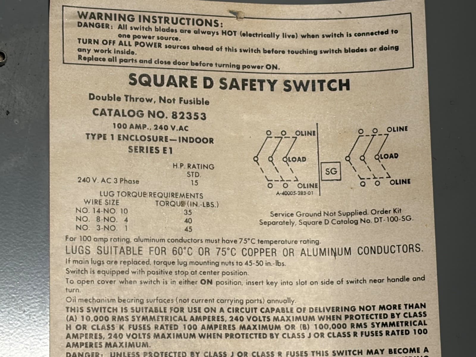 Square D 82353 100-Amp 240-VAC Double Throw Manual Transfer Switch 3-Pole 4