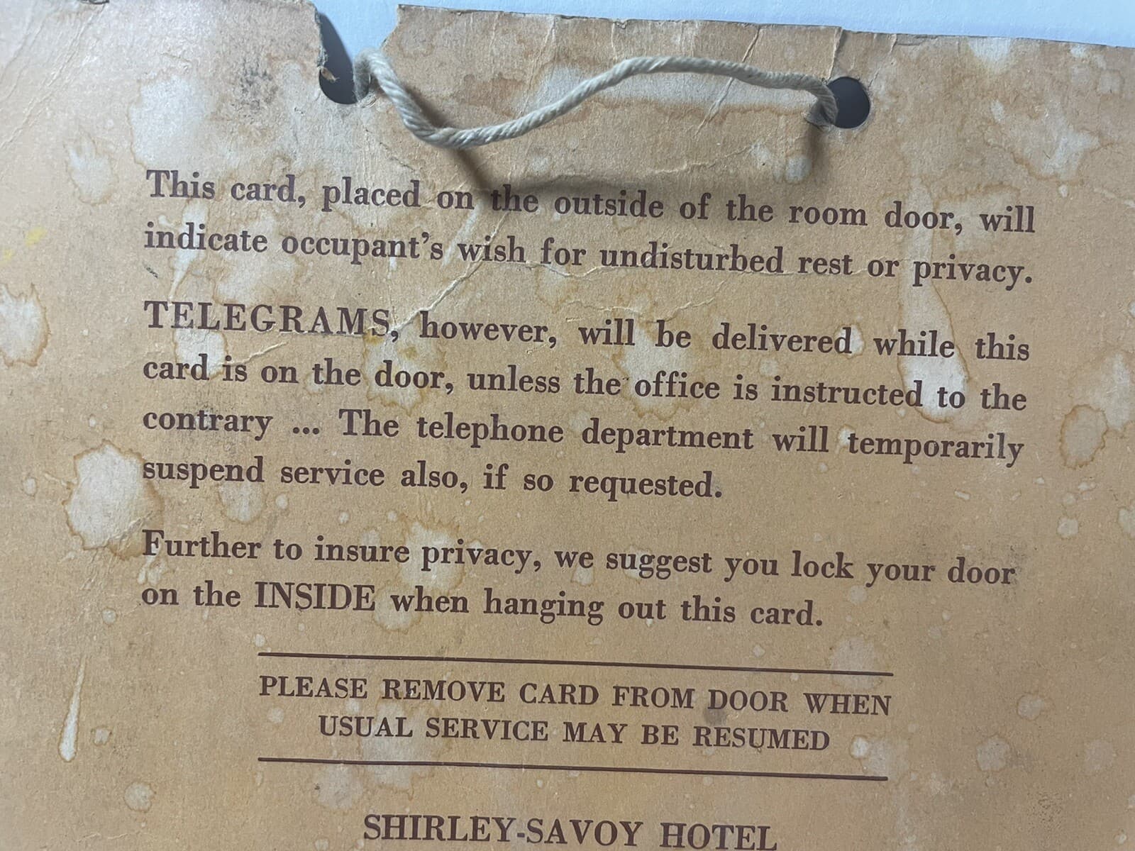 Shirley Savoy Hotel Do Not Disturb Original Sign Long Rifle Coon Hat Denver CO 4