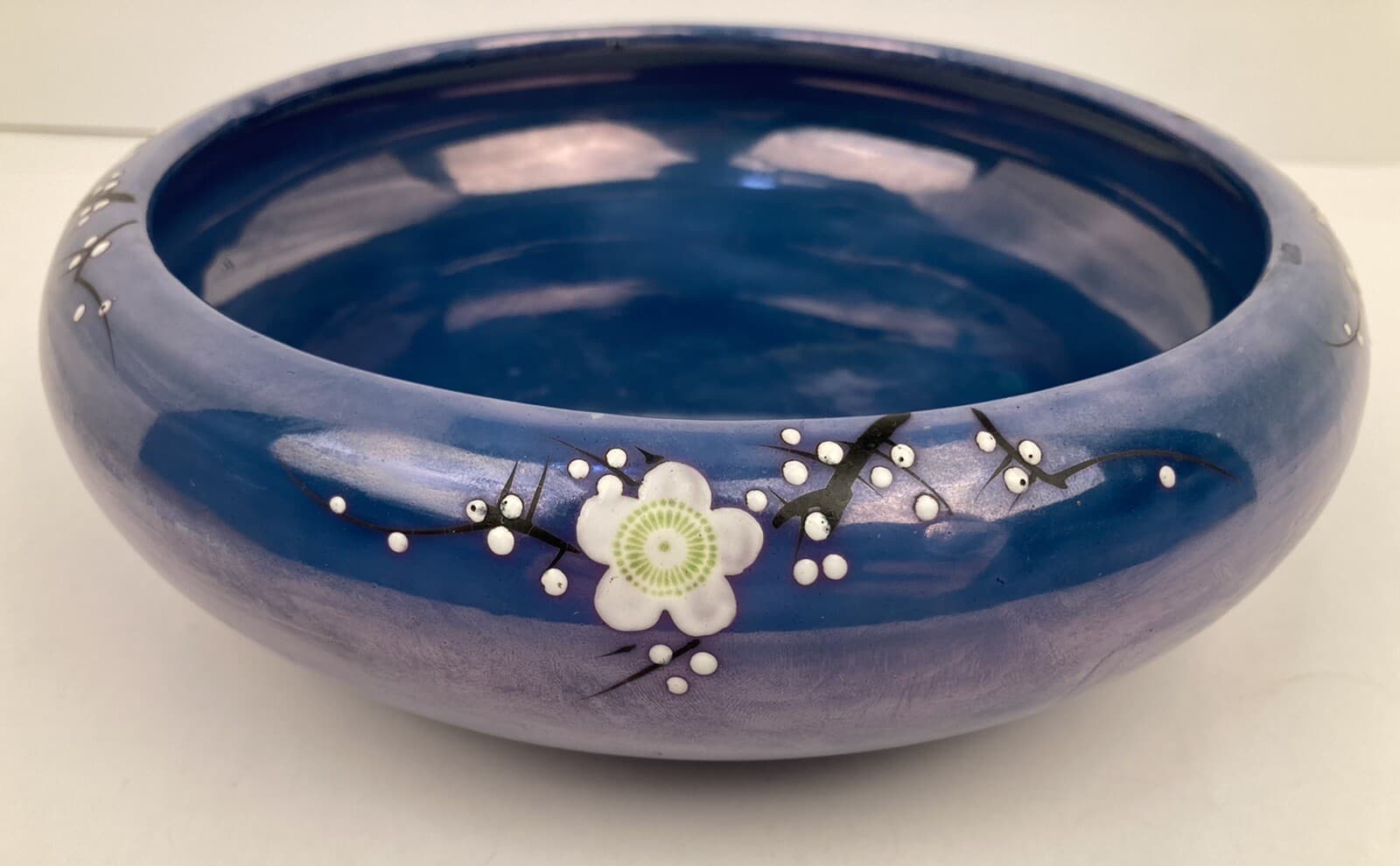 Japanese Shallow Pottery Bowl Blue Opalescent No Chips Flowers 8.5"AcrossX2.5" 3