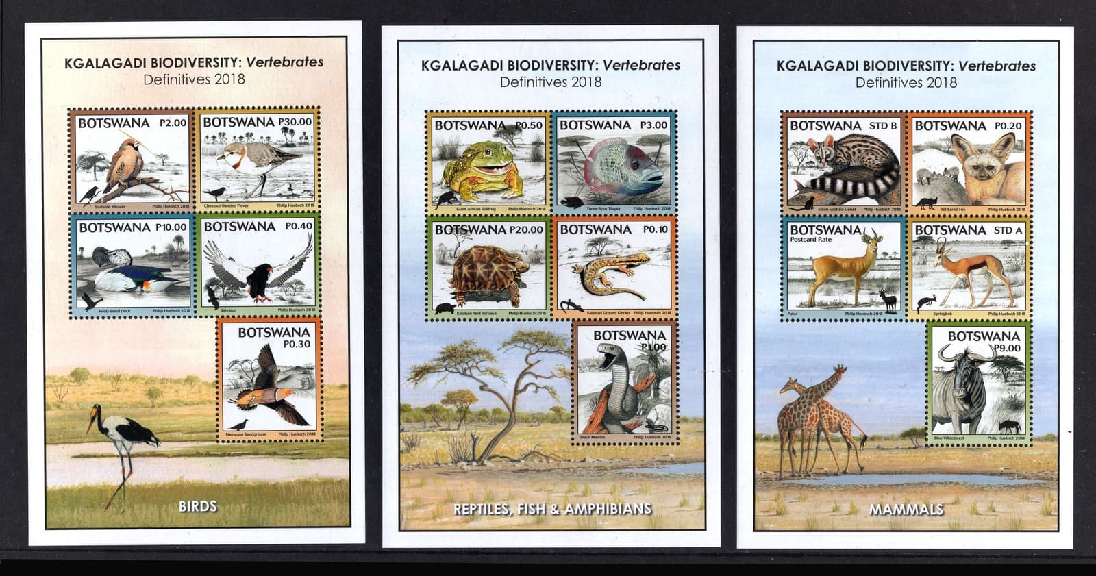 M29035 Botswana 2018 Vertebrates Mammals, Birds, Fish X3 Sheets UMM