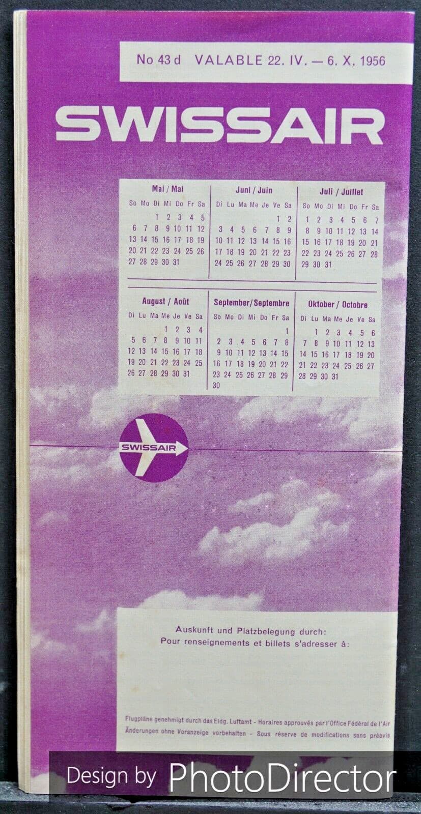 Rare 1956 German Language SwissAir Flight Schedule & Route Map 2