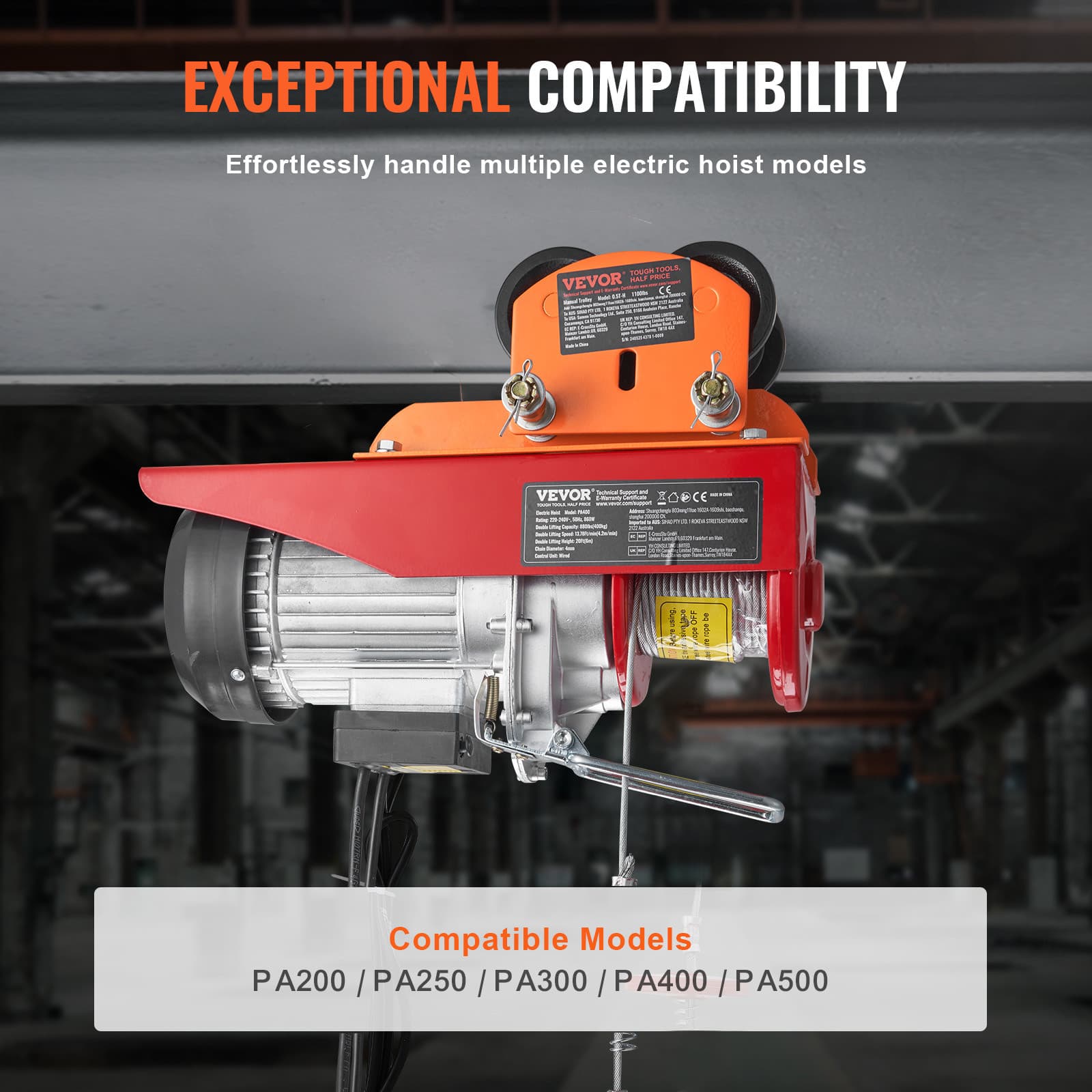 Electric Hoist Manual Trolley 1100 lbs/0.5T 2.36"-4.72" I-Beam Adjustable 3