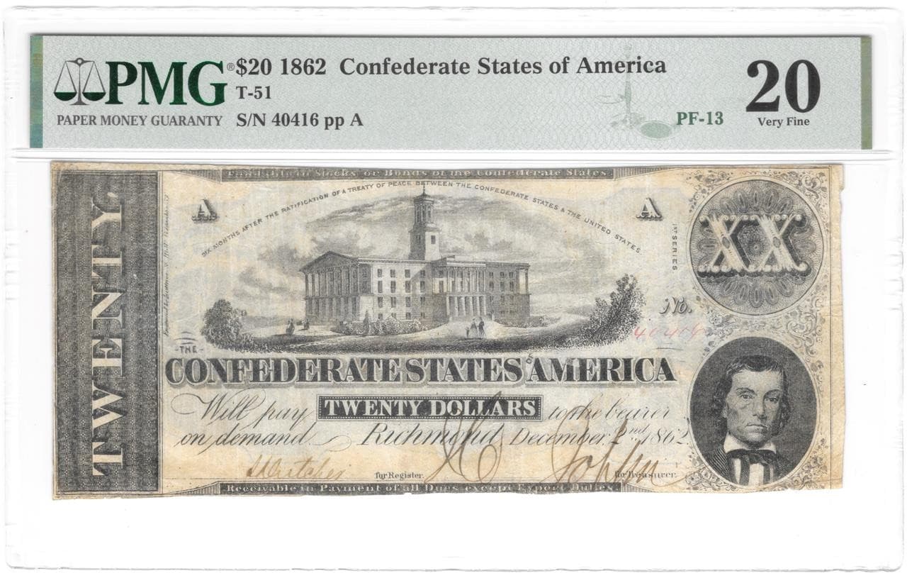 RARE DOUBLE TRANSFER ERROR T-51 PF-13 1862 $20 CONFEDERATE PAPER MONEY PMG VF20 2
