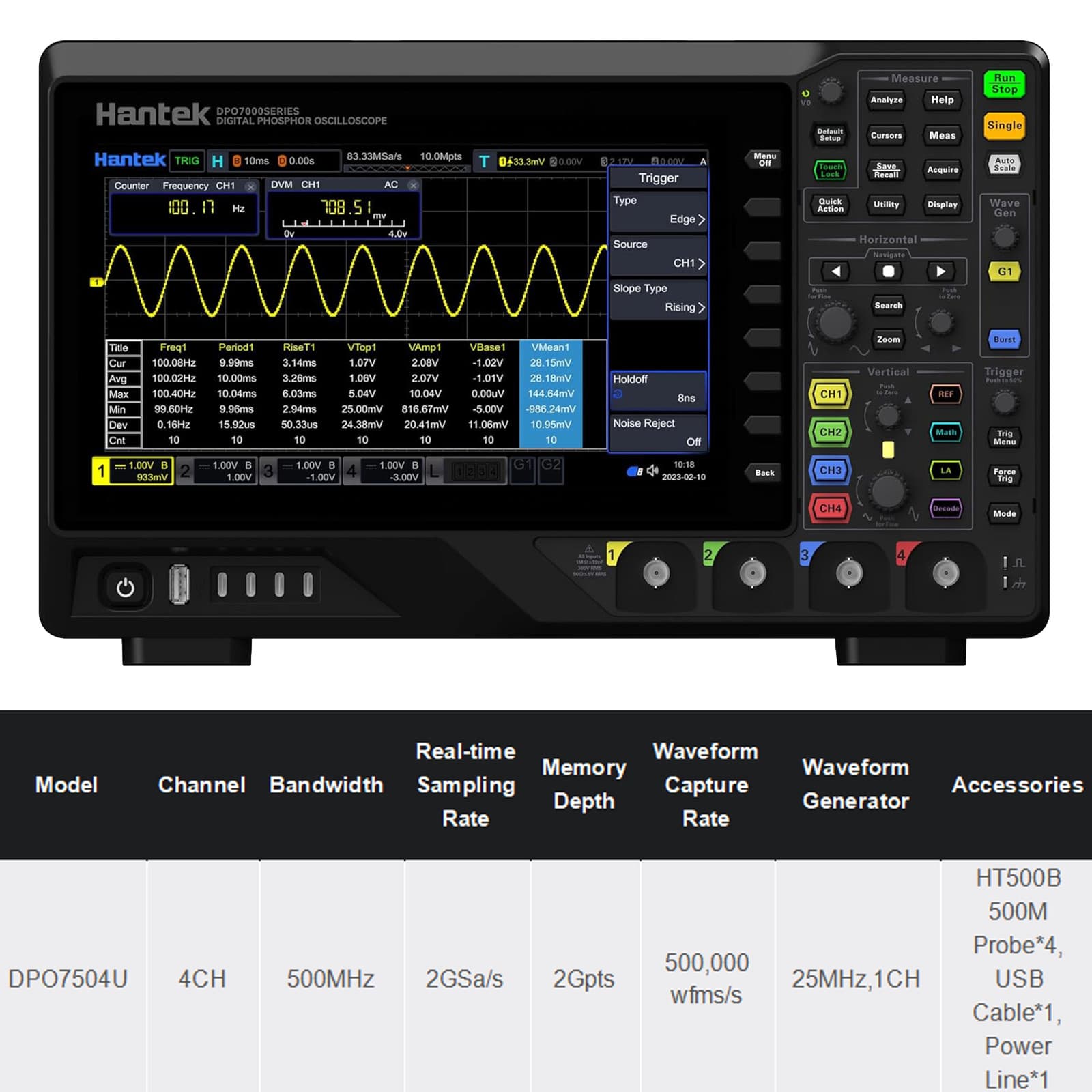 Hantek DPO7504U Oscilloscope 500MHz 4CH+1CH Waveform Generator 2GSa/s 2G Memory