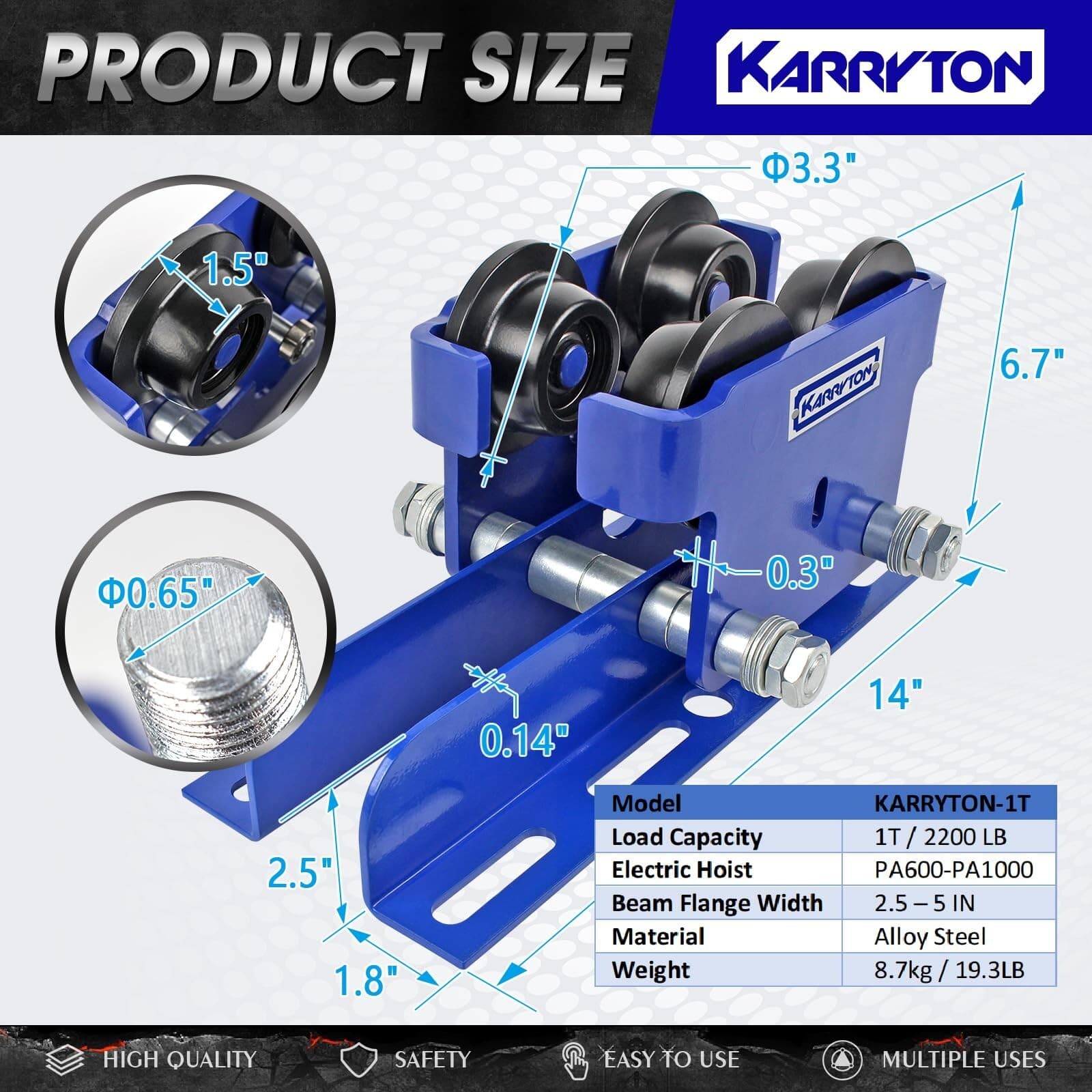 1Ton/2200LBS I-Beam Manual Trolley for Electric Hoist, Adjustable Push Trolle... 2