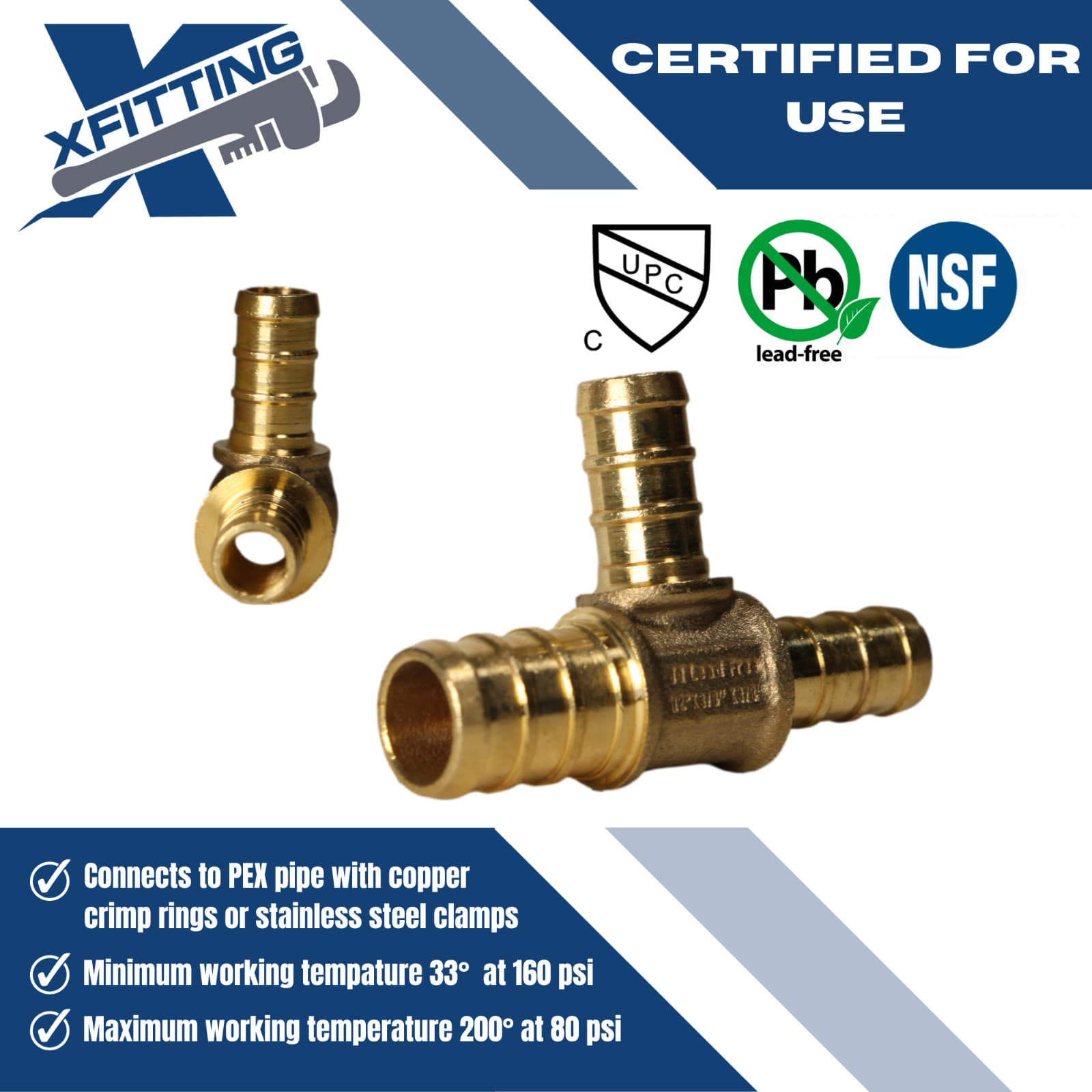 1 Pc XFITTING 1/2" x 3/8" x 3/8" Pex Tee, Lead Free Brass, Crimp Fitting 3