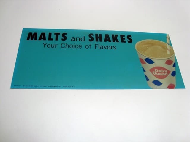 Circa 1959 Dairy Queen, DQ Lighted Sign Insert, MALTS AND SHAKES, Long Version
