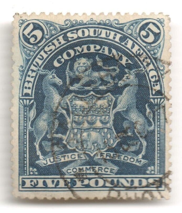 RHODESIA (BSA) Sc74 SG92 £5 blue "Favor Cancel" filled perfins PF COA CV$3,102  2