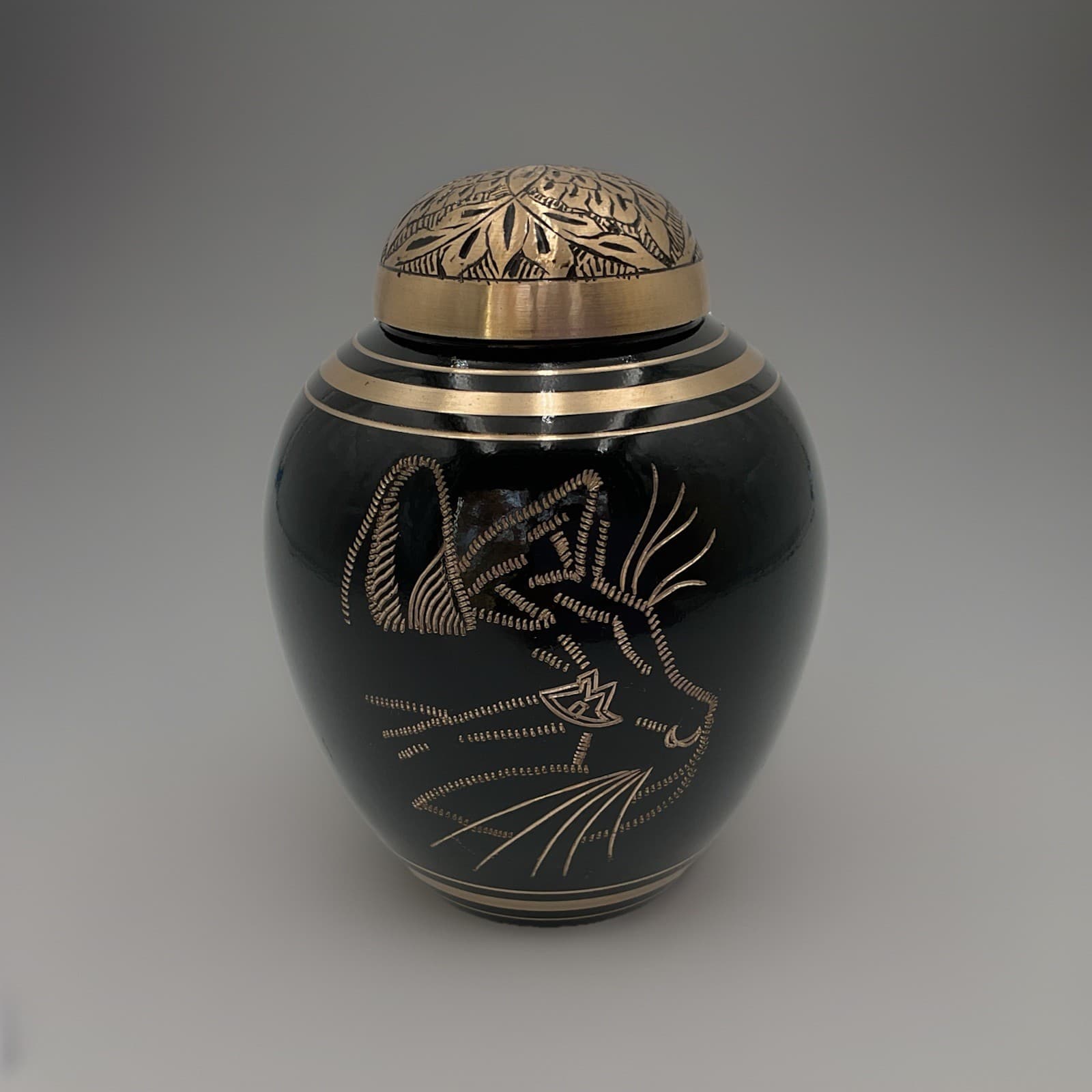 Elegant Cat Cremation Urn Shiny Enamel Over Solid Brass Hand Etched Cat Design