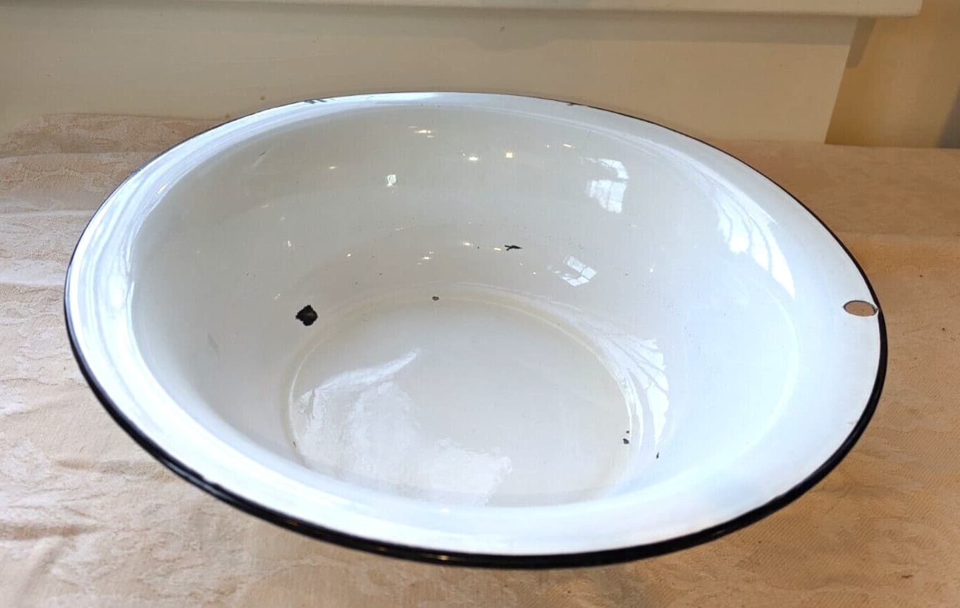 Vintage enamel metal Bowl 12" white black 3