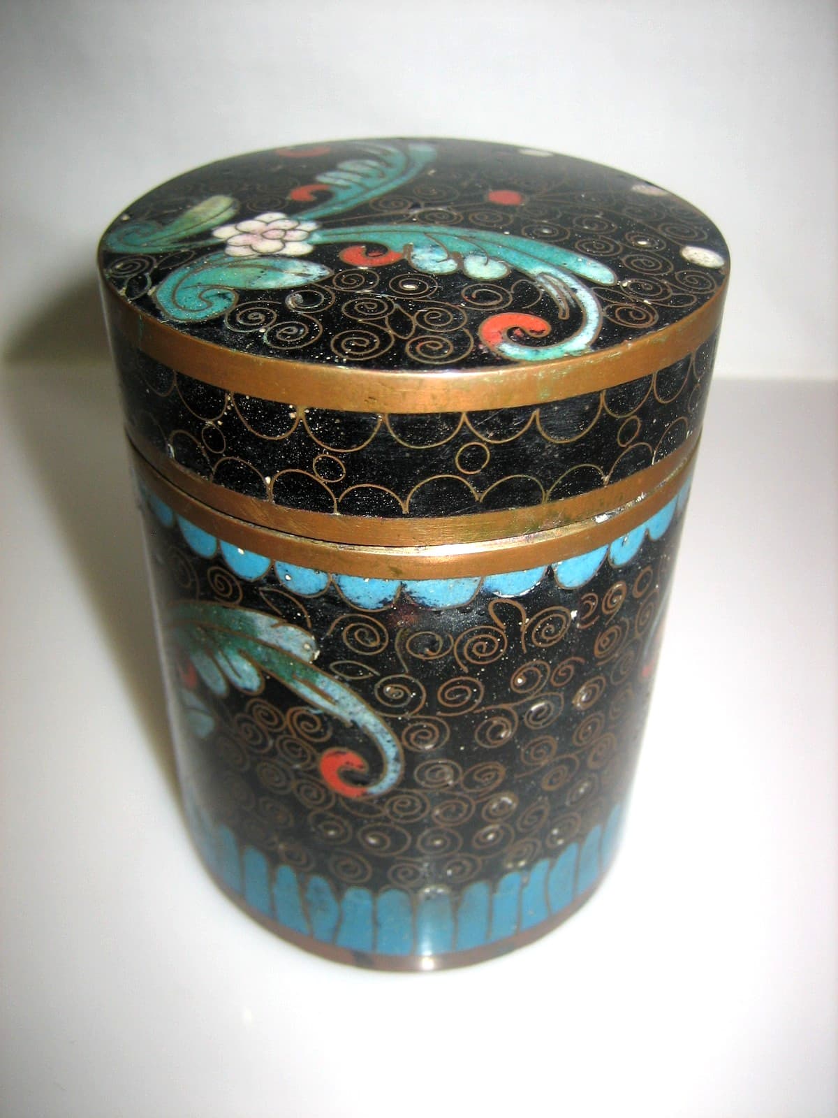 Vintage Chinese Cloisonné Brass Tobacco Tea Canister Jar 2