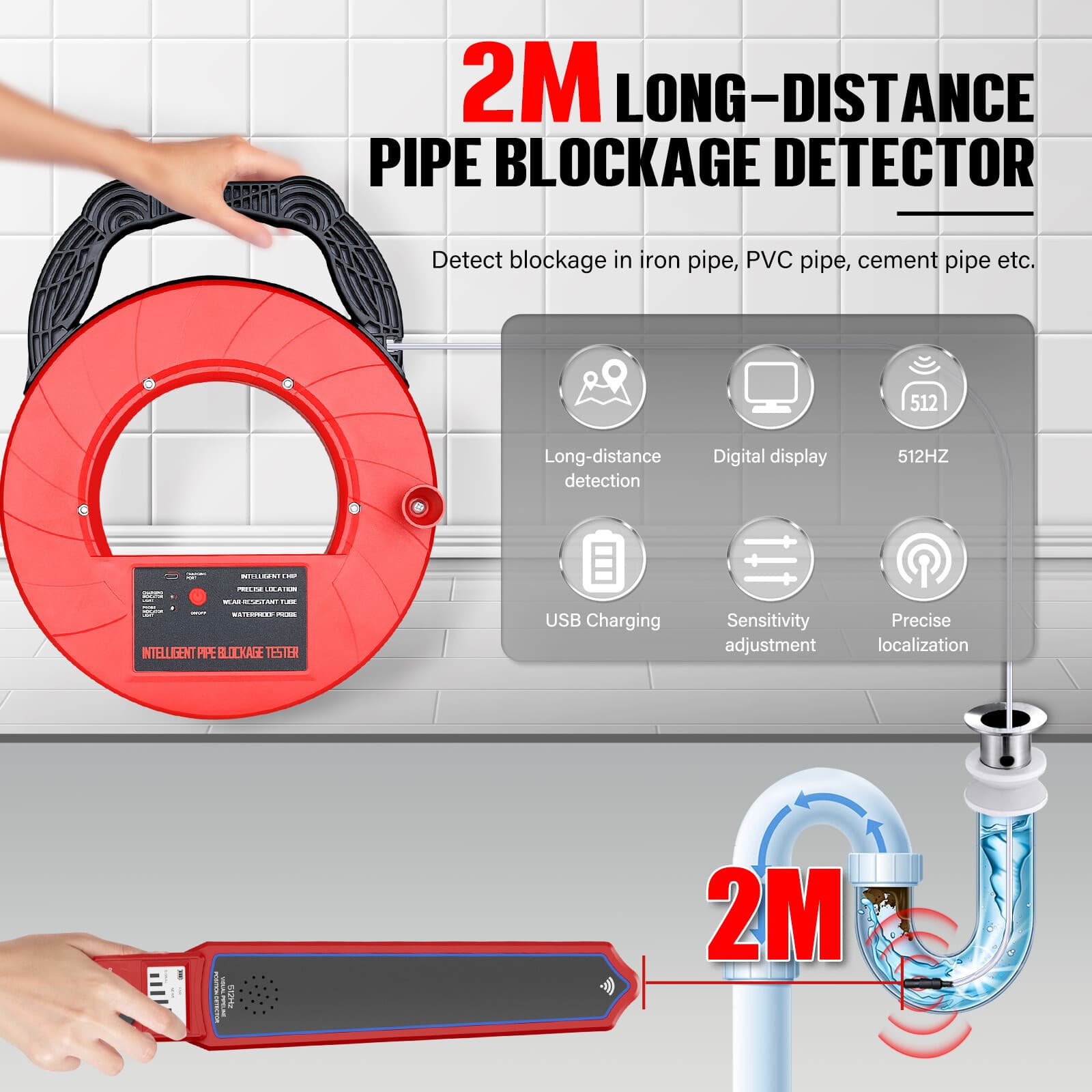 Smart Pipe Blockage Detector Locators 100ft/30m Waterproof for PVC Plastic Metal 3
