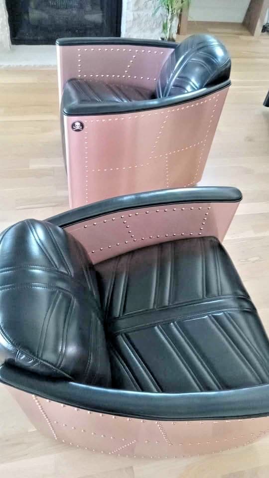 NIB Set of 2 Aviator riveted RoseGold anodized aluminum 360*swivel barrel chairs 6