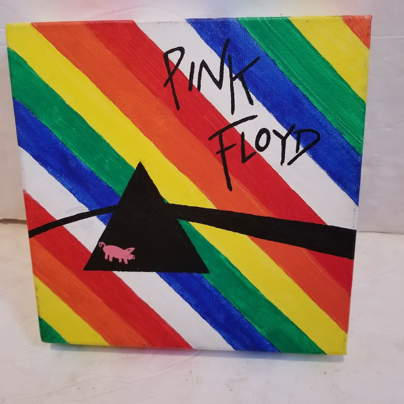Pink Floyd Painting 8" Canvas Watercolor Rainbow Stripes Triangle Unique - EUC 3