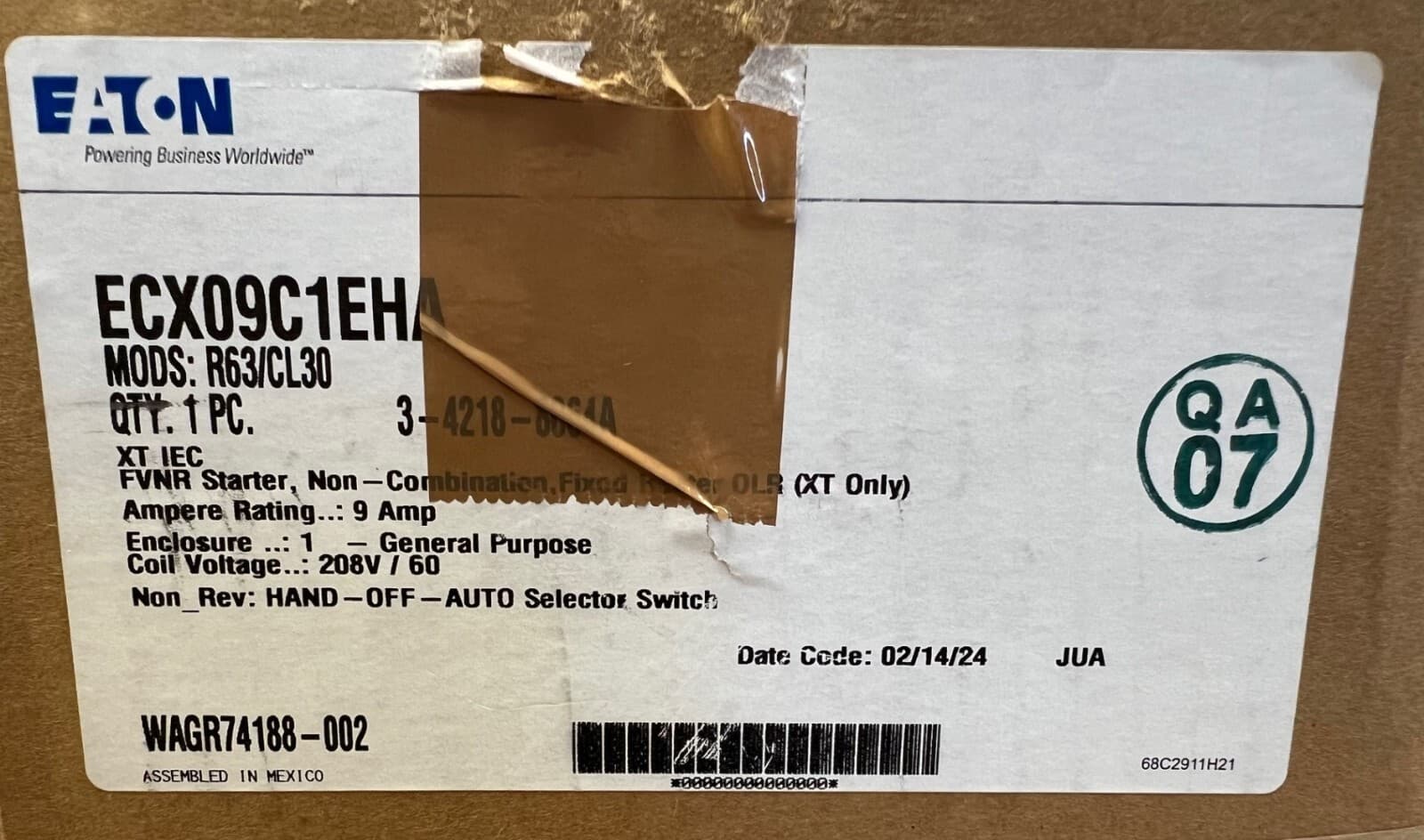 EATON ECX09C1EHA-R63/C MAGNETIC MOTOR STARTER, NON-REVERSING, IEC, 5VYW4, NEW!! 3