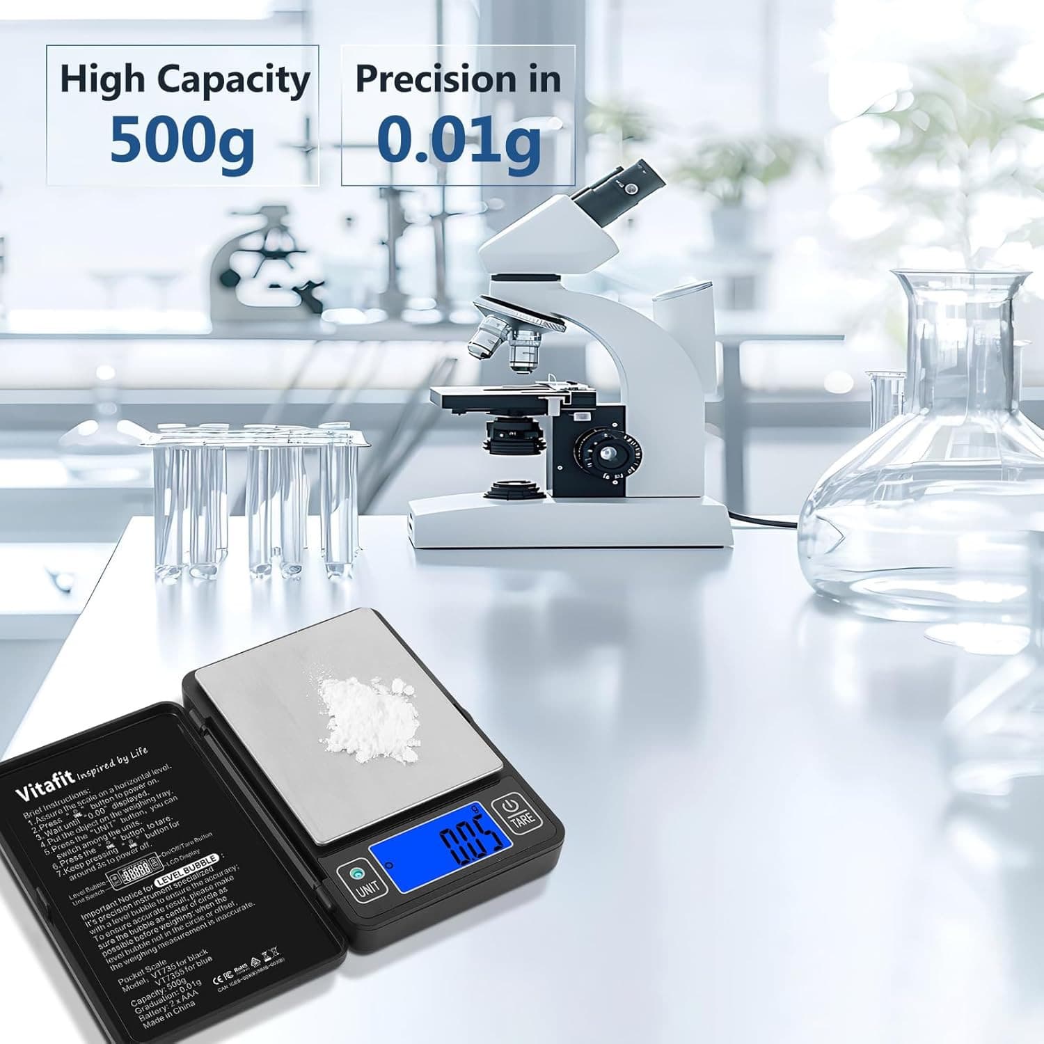 500G Digital Gram Scale in 0.01G, High Accuracy Assured by Built-In Level Bubble 3