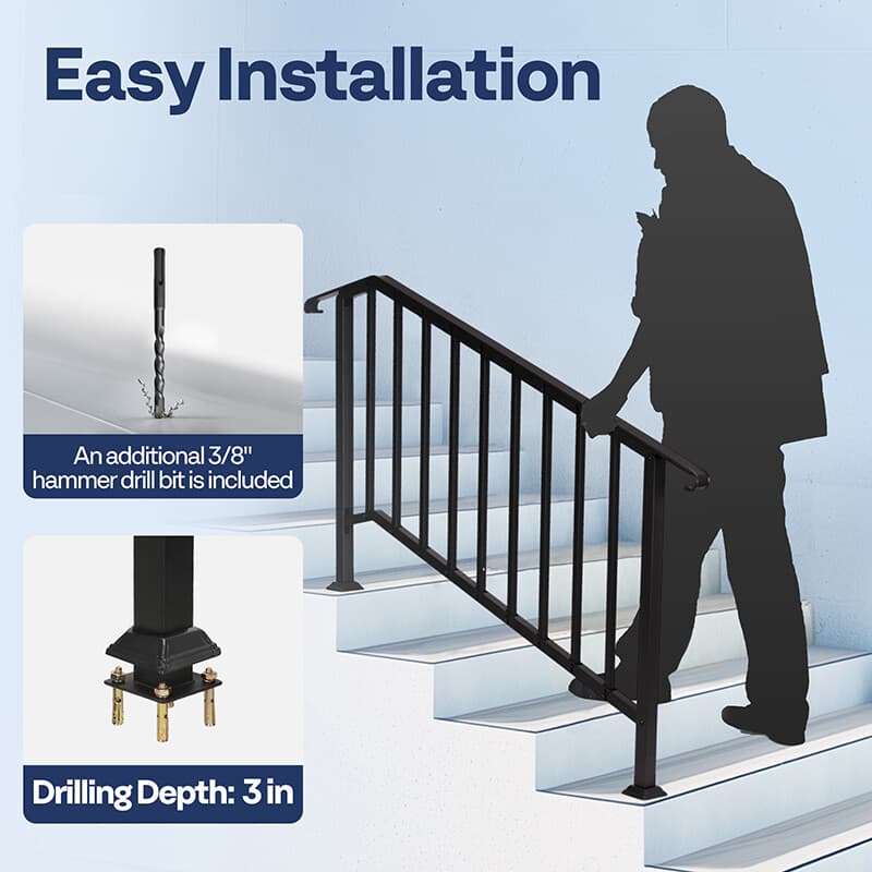 2-Pack 5 Step Hand Rails for Outdoor Steps Wrought Iron Railing for Porch Deck 6